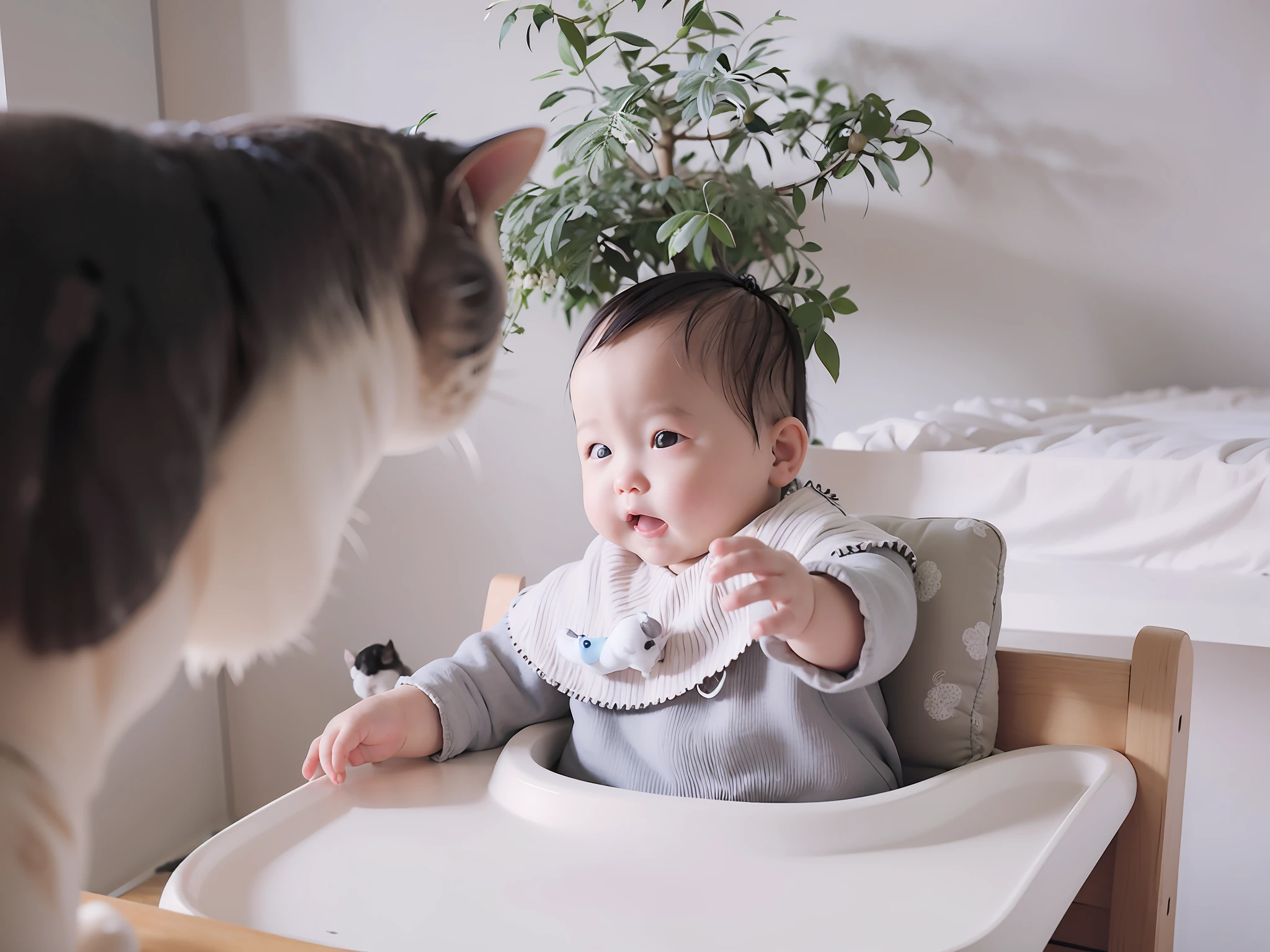 White and fat reaching out. Cat standing on the table. Cute babypanese style, Pixar, HD, cute baby, caD, real