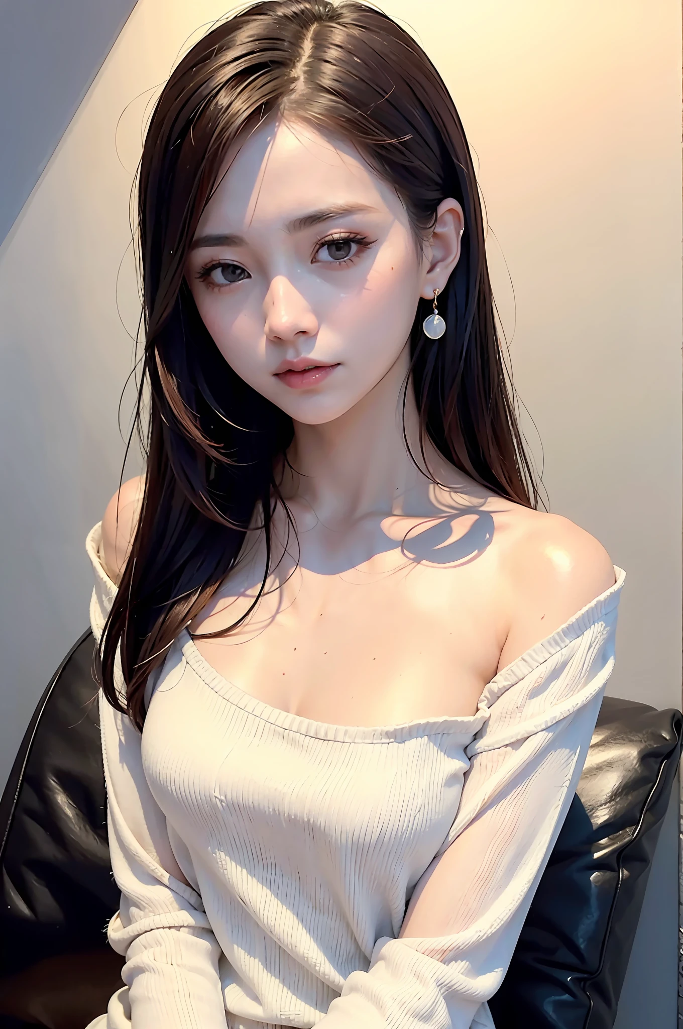Fashion trendy beautiful and charming woman, gentle and charming Chinese beautiful woman, delicate and sexy collarbone, charming oval face, double eyelids, vivid peach blossom eyes, pink lips, small nose, bare shoulders, focus on the face, close-up of the face, Ultra-high-definition, super-detailed, full-body photo, ultra-thin and light-transmitting, white cake dress, layered design is very individual, hides meat and looks thin, with a beige sweater as a whole, it gives a fresh and elegant look, which can be seen through