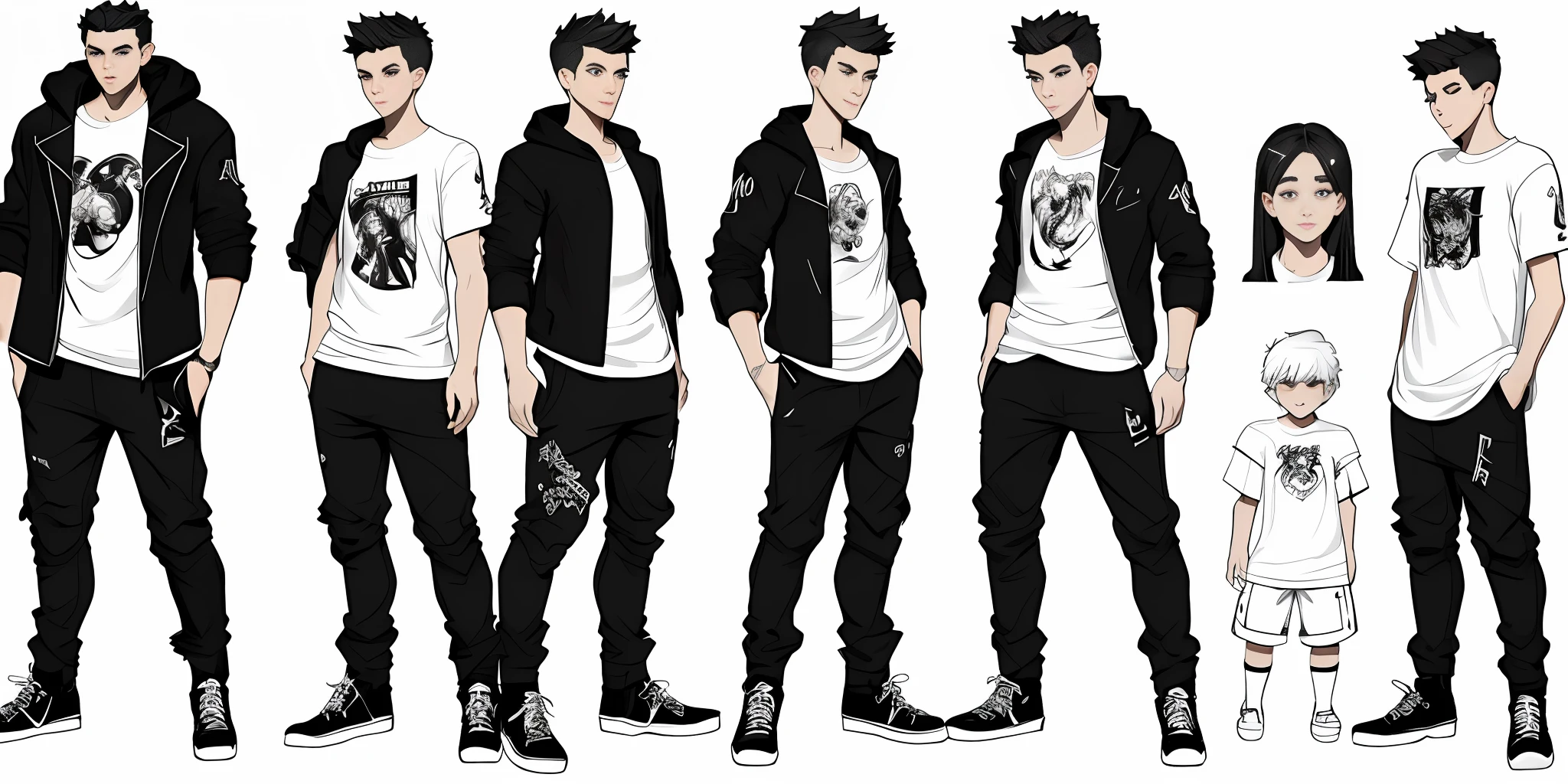 sketches of a boy, wearing black jacket and white t-shirts,black pant and white shoes, high quality character design, character design art, childrens art in artstation, highly detailed character design, cartoon concept art, character design, professional character design, character design concept art, concept art design illustration, colored concept art, character concept artwork, stylized character design, [ character design ]