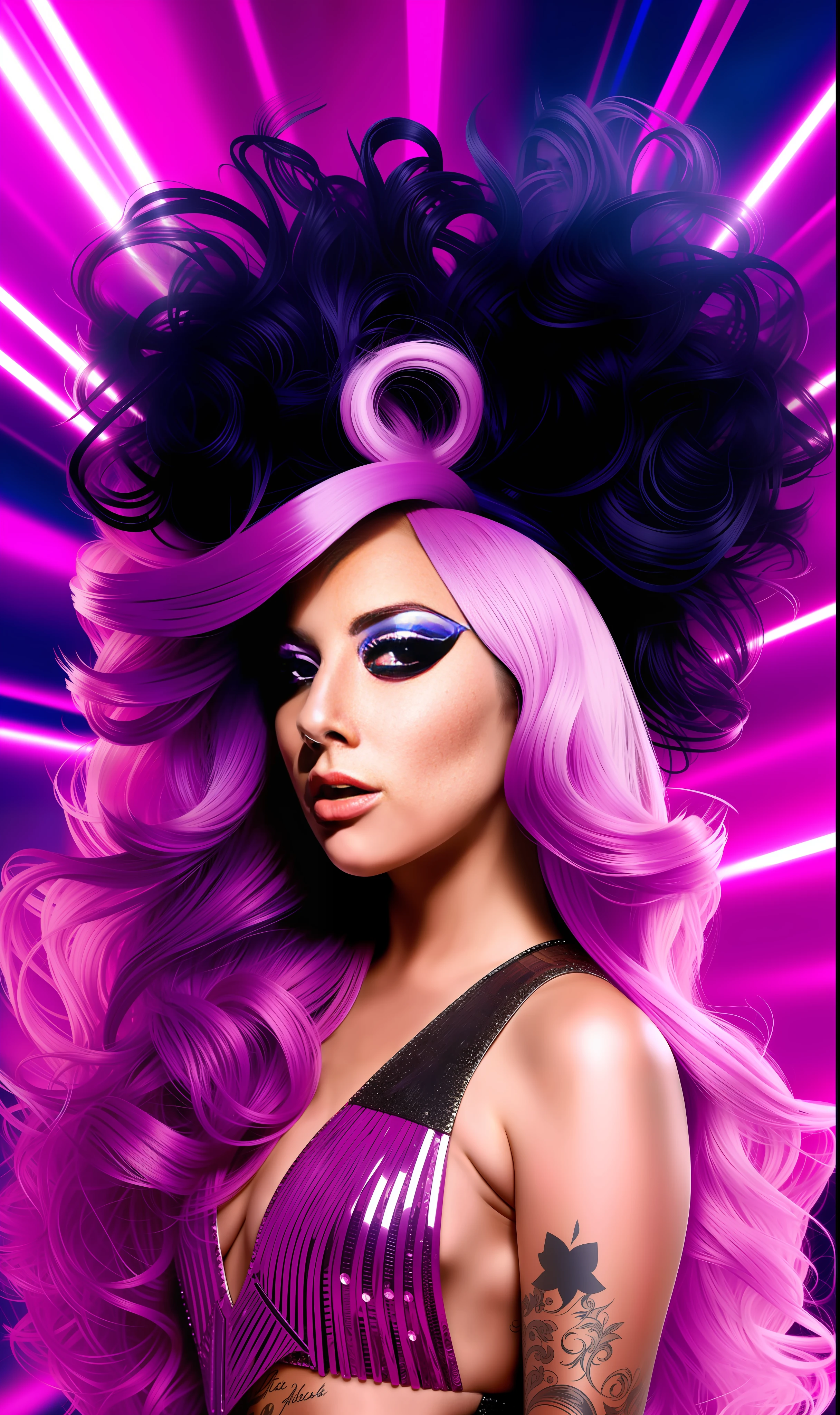 Lady gaga photo, 4K texture, long hair, high quality, futuristic background, extravagant hairstyle, album cover