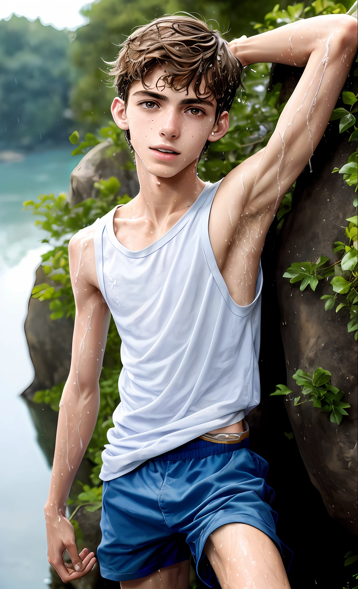 Avi Angel, skinny teen boy with defined lean body, standing on a rock, whole body visible, far from camera, shot from below, lower angle shot, whole body visible in camera, braces, age 16, bare feet, wearing long sleeveless t-shirt with dropped armhole, hands behind head, arms behind head, wispy wet armpit hair showing, wet armpit hair, wispy armpits, teen boy, braces, best quality, Amazing ???????, attractive teen boy, lean body, hot teen boy