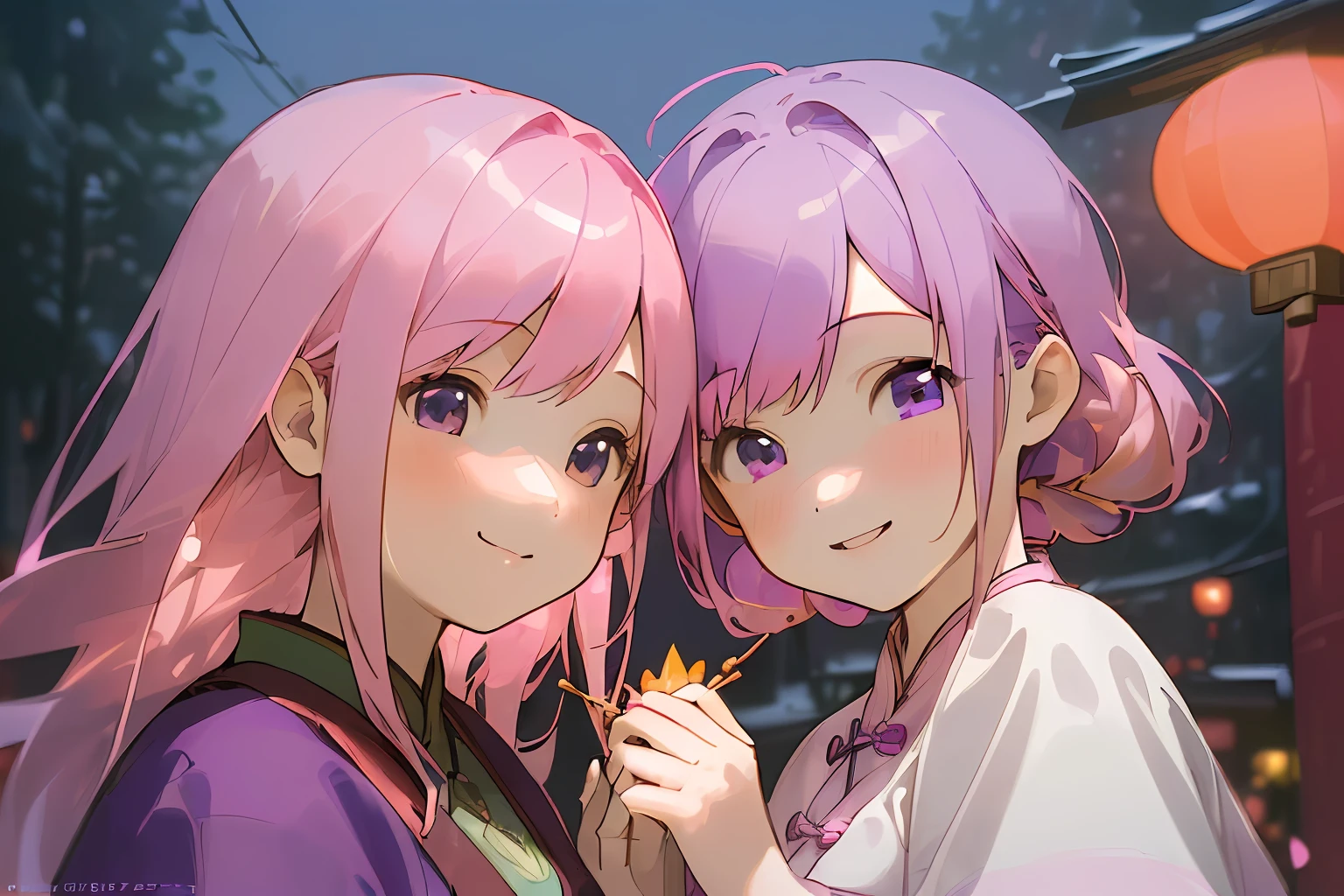 (((super high detail))), (((super high resolution))), (((face detail))), ((2 girls)), (((pink hair))), ( ((dark purple hair))), walking side by side, ((one handing candied haws to the other)), smiling happily, smiling at each other, night market, lively street at night, colorful lights, hanging lanterns, Chinese style background, orange , pixiv , cozy atmosphere.