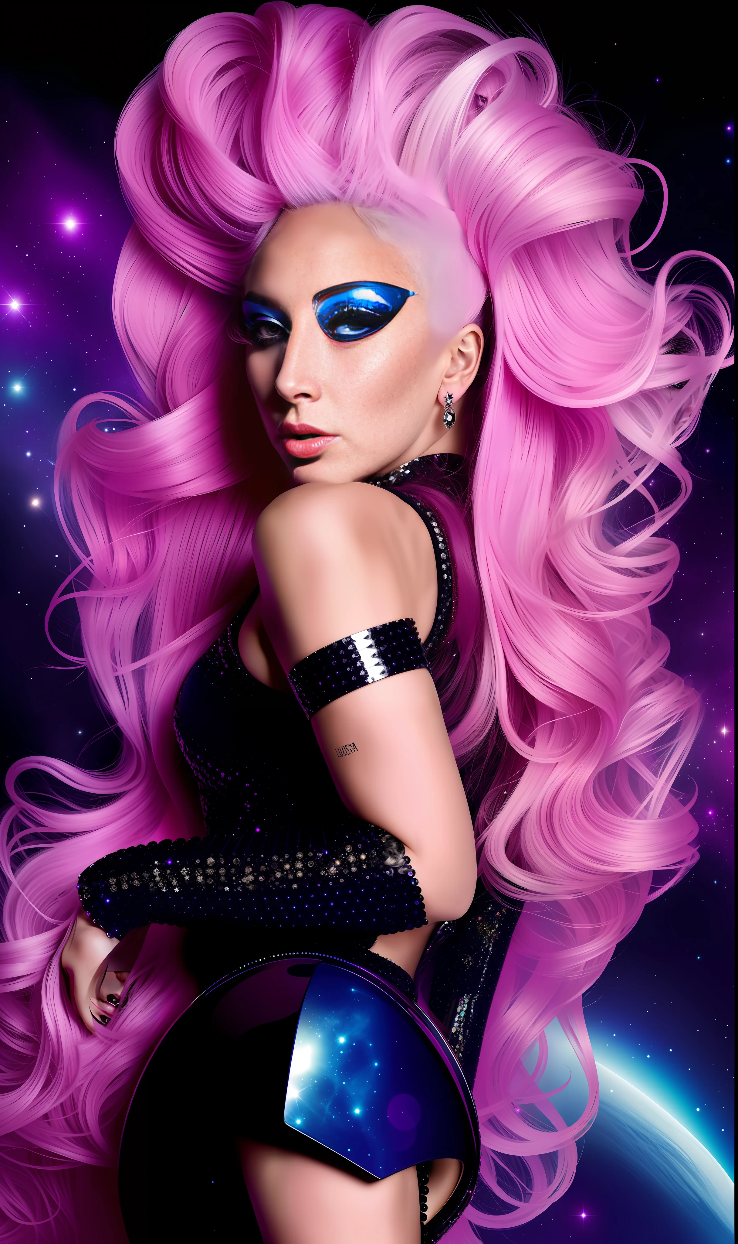 Lady gaga photo, 4K texture, long hair, high quality, futuristic background, extravagant hairstyle, galaxy themed album cover
