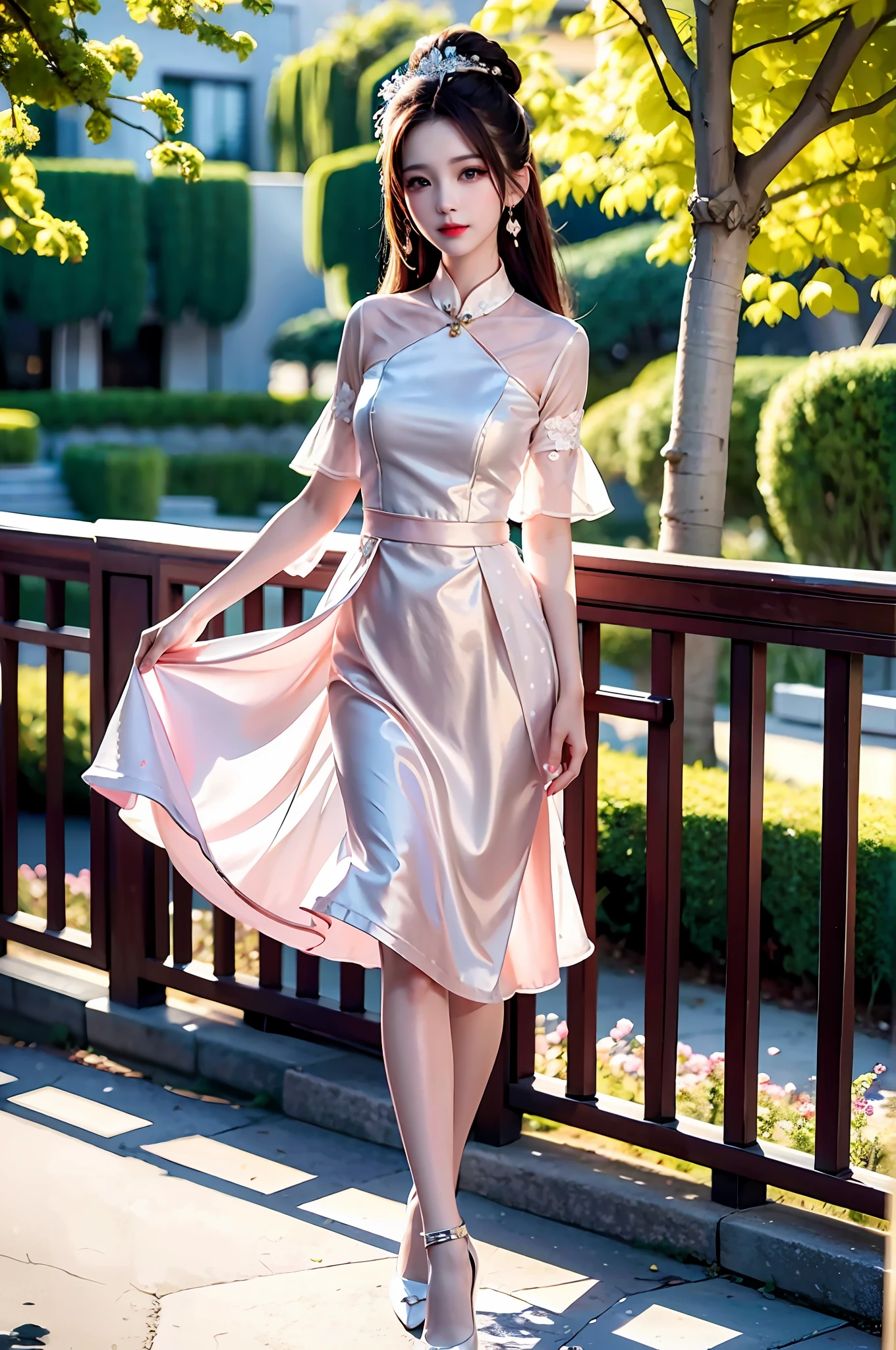 Fashion trendy beautiful and charming woman, gentle and charming Chinese beautiful woman, delicate and sexy collarbone, charming oval face, double eyelids, vivid peach blossom eyes, pink lips, small nose, bare shoulders, focus on the face, close-up of the face, Ultra-high-definition, super-detailed, full-body photo, ultra-thin and light-transmitting, 2. Elegant polka-dot chiffon skirt, the favorite of ladies, with a light-colored shirt, the hem is tucked into the skirt, and the proportion of the body is stretched at once Long, with a pair of white high-heeled shoes under the feet, the femininity is exuded, and it can be seen through