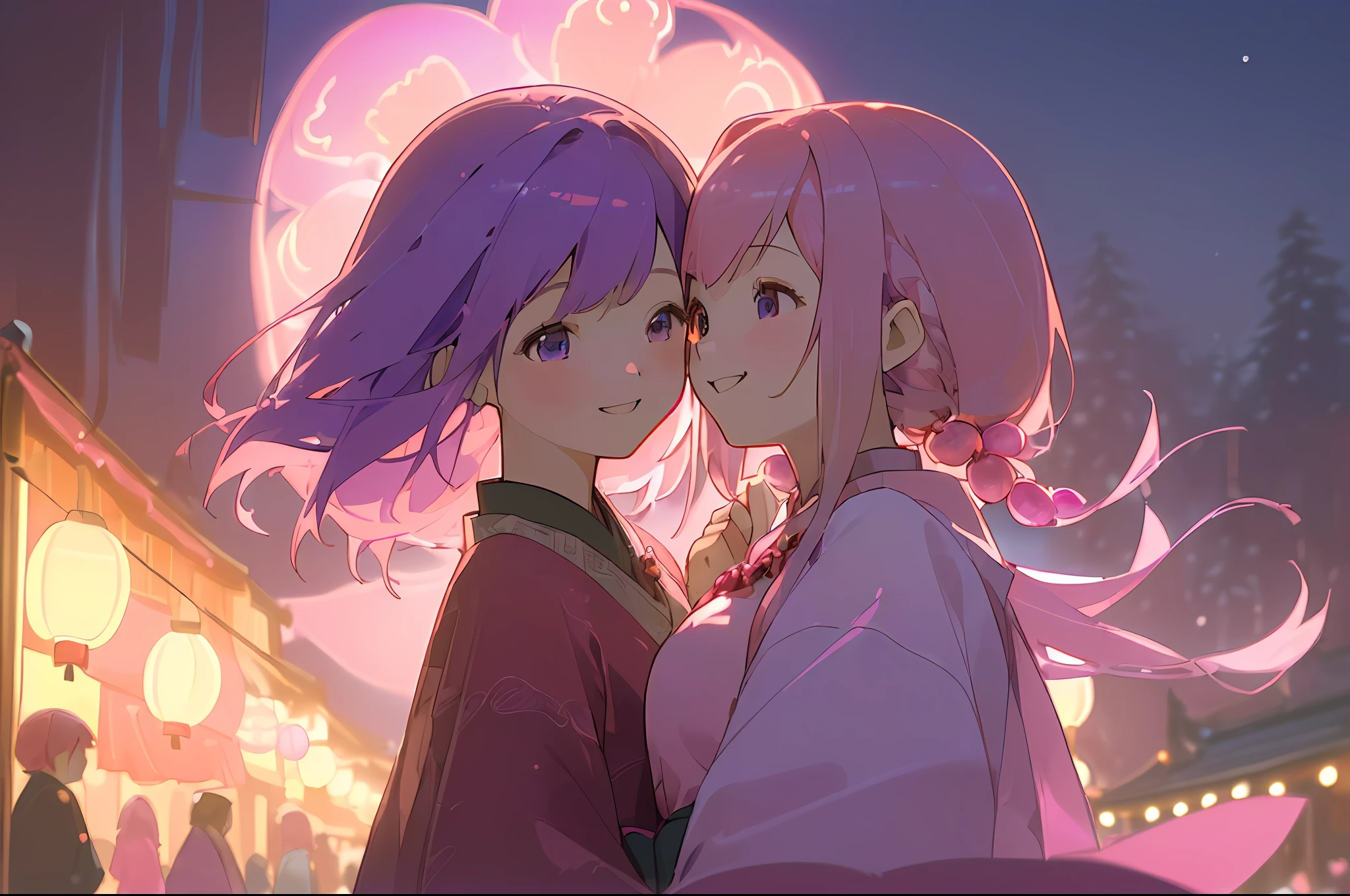 (((super high detail))), (((super high resolution))), (((face detail))), ((2 girls)), (((pink hair))), ( ((dark purple hair))), walking side by side, ((one handing candied haws to the other)), smiling happily, smiling at each other, night market, lively street at night, colorful lights, hanging lanterns, Chinese style background, orange , pixiv , cozy atmosphere.