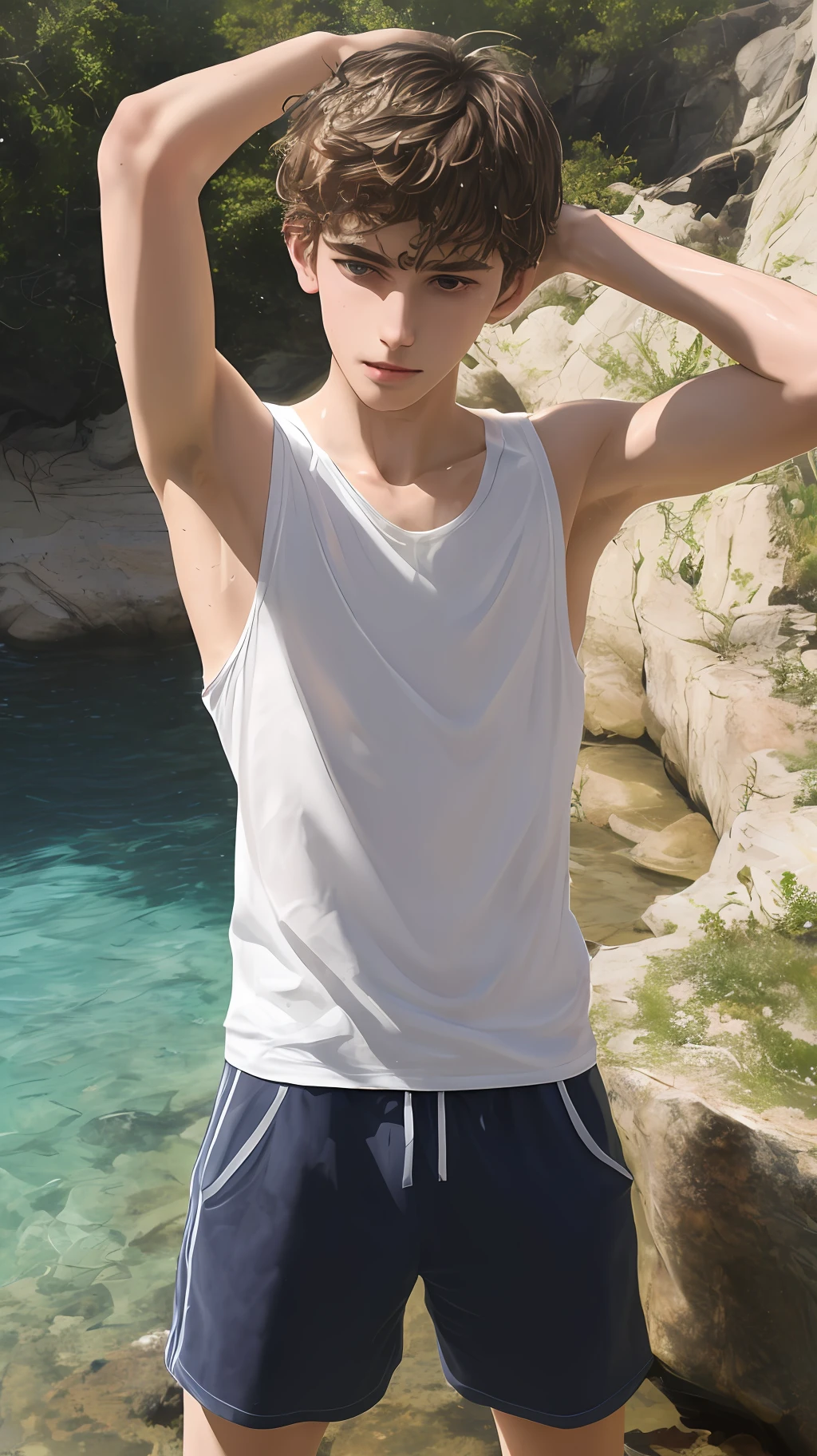Avi Angel, skinny teen boy with defined lean body, standing on a rock, whole body visible, far from camera, shot from below, lower angle shot, whole body visible in camera, braces, age 16, bare feet, wearing long sleeveless t-shirt with dropped armhole, hands behind head, arms behind head, wispy wet armpit hair showing, wet armpit hair, wispy armpits, teen boy, braces, best quality, Amazing anatomy, attractive teen boy, lean body, hot teen boy