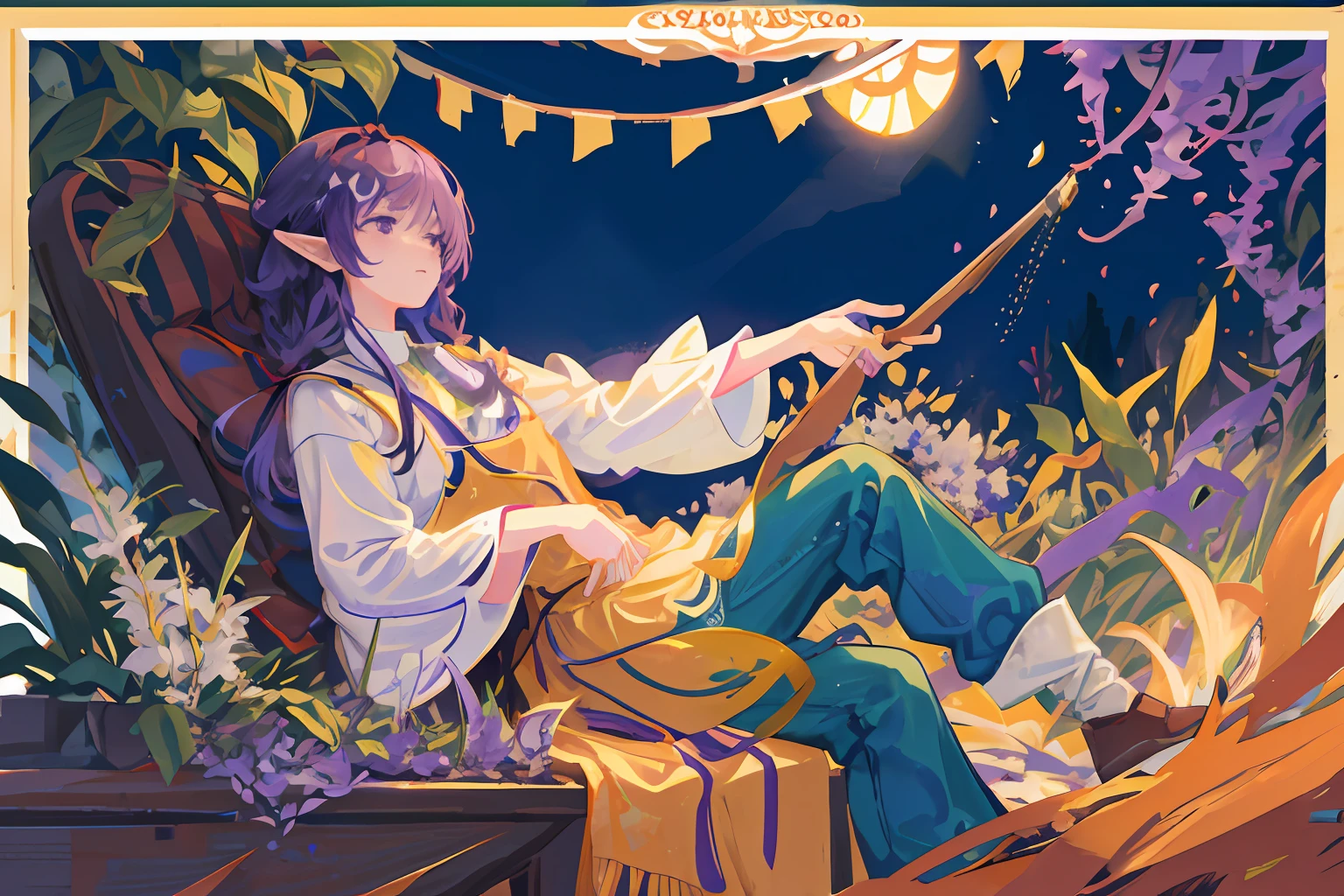 (Highest picture quality),(Master's work),(ultra-detailed),(Detailed eye description:1.0),(lens flare:1.0),(movie poster:1.0),otokonoko, femboy, elf, 1boy, druid, masterpiece, colorful, heartshaped leafs, vines, purple hair, violet hair, maroon hair, (linen shirt, ((work pants,))) shears, green apron, teal eyes, long hair, medium hair, attractive, garden, hedge, flowers, druid, hair ribbon, hair over one eye, (extremely detailed CG unity 8k wallpaper), (masterpiece), (best quality), (ultra-detailed), (best illustration),solo focus, gardener, garden gloves,colored inner hair, anime, face winged yam, ube,manga art, line art, border art, ube vine, purple yam, ultra-detailed, illustration