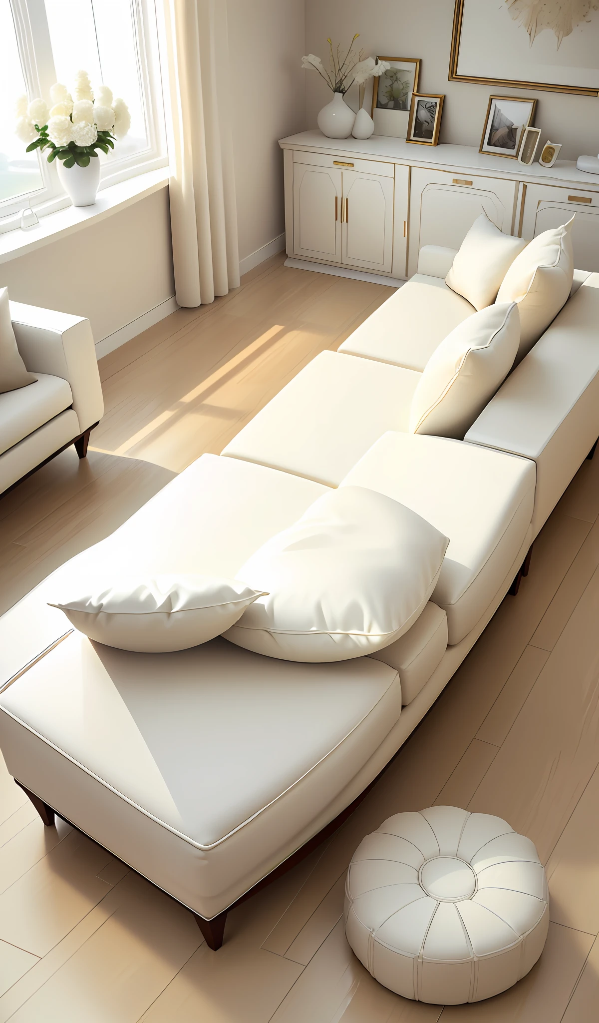 arafed living room with white sofa and white footstool, cream colored room, beige color scheme, brown and white color scheme, living room interior, 3ds max rendering, white furniture, vray rendering, interior living room, brown and cream color scheme, 3ds max rendering , elegant rendering, cozy living room interior, cream and white color scheme, hyper realistic