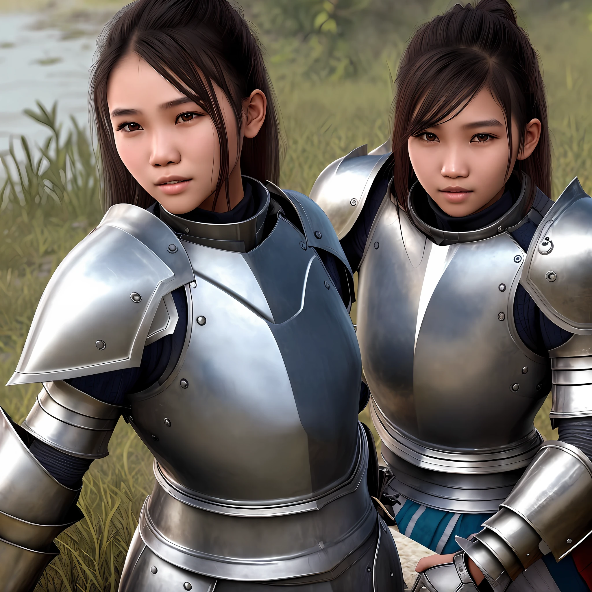 indonesian girl, 19 years old, ultra realism, human real,cute, knight armor, battlefield, realistic, ultra hd, 8k