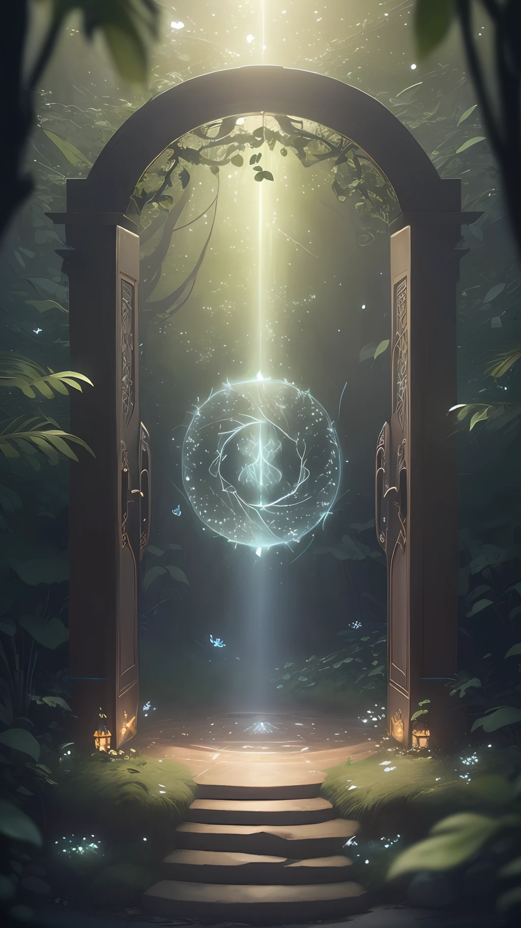 (Digital Artwork:1.3) of (Sketched:1.1) octane render of a mysterious dense forest with a large (magical:1.2) gate (portal:1.3) to the eternal kingdom, The gate frame is designed in a round shape, surrounded by delicate leaves and branches, with fireflies and glowing particle effects, (UI interface frame design), (natural elements), (jungle theme), (square), (leaves) , (twigs), (fireflies), butterflies, (delicate leaves), (glow), (particle effects, light engrave in intricate details, (light particle:1.2), (game concept:1.3), (depth of field:1.3), global illumination,Highly Detailed,Trending on ArtStation.