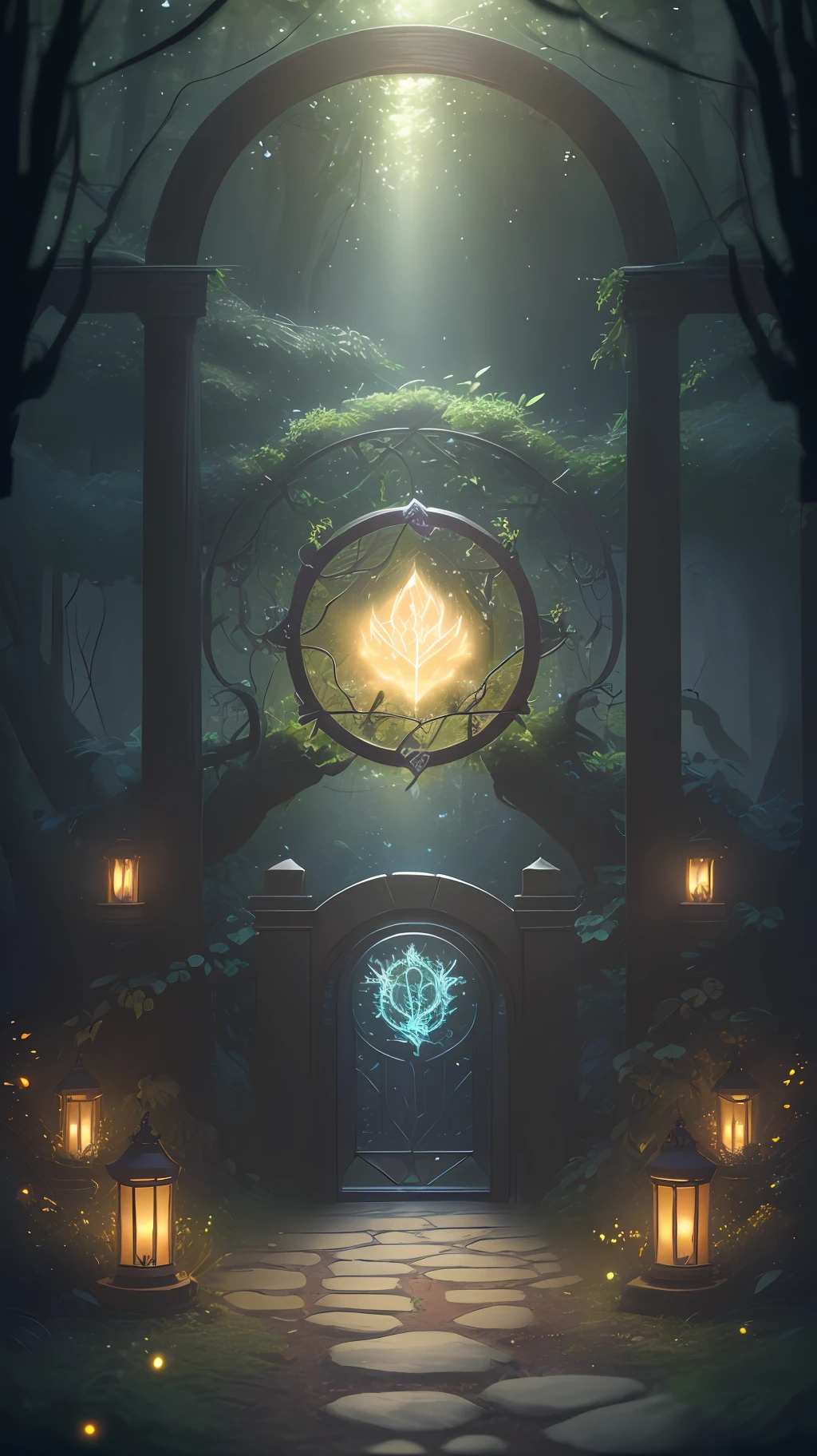 (Digital Artwork:1.3) of (Sketched:1.1) octane render of a mysterious dense forest with a large (magical:1.2) gate (portal:1.3) to the eternal kingdom, The gate frame is designed in a round shape, surrounded by delicate leaves and branches, with fireflies and glowing particle effects, (UI interface frame design), (natural elements), (jungle theme), (square), (leaves) , (twigs), (fireflies), butterflies, (delicate leaves), (glow), (particle effects, light engrave in intricate details, (light particle:1.2), (game concept:1.3), (depth of field:1.3), global illumination,Highly Detailed,Trending on ArtStation.