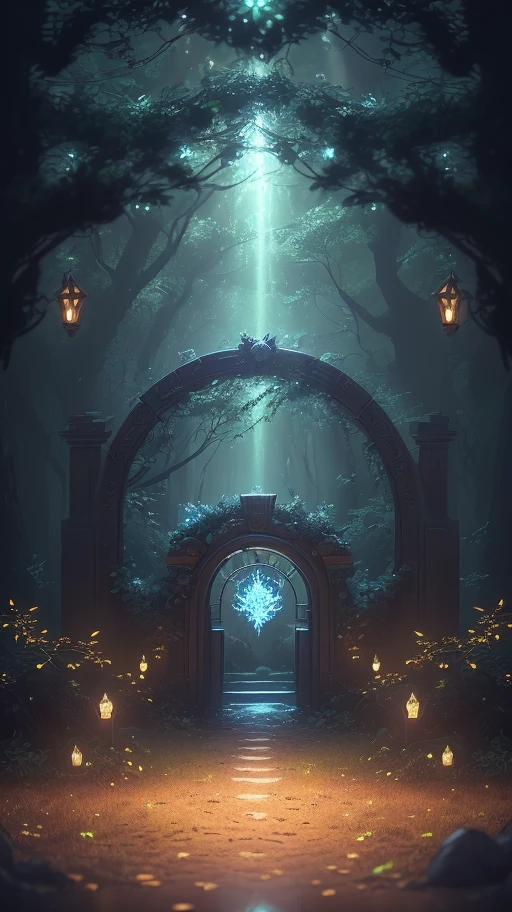 (Digital Artwork:1.3) of (Sketched:1.1) octane render of a mysterious dense forest with a large (magical:1.2) gate (portal:1.3) to the eternal kingdom, The gate frame is designed in a round shape, surrounded by delicate leaves and branches, with fireflies and glowing particle effects, (UI interface frame design), (natural elements), (jungle theme), (square), (leaves) , (twigs), (fireflies), butterflies, (delicate leaves), (glow), (particle effects, light engrave in intricate details, (light particle:1.2), (game concept:1.3), (depth of field:1.3), global illumination,Highly Detailed,Trending on ArtStation