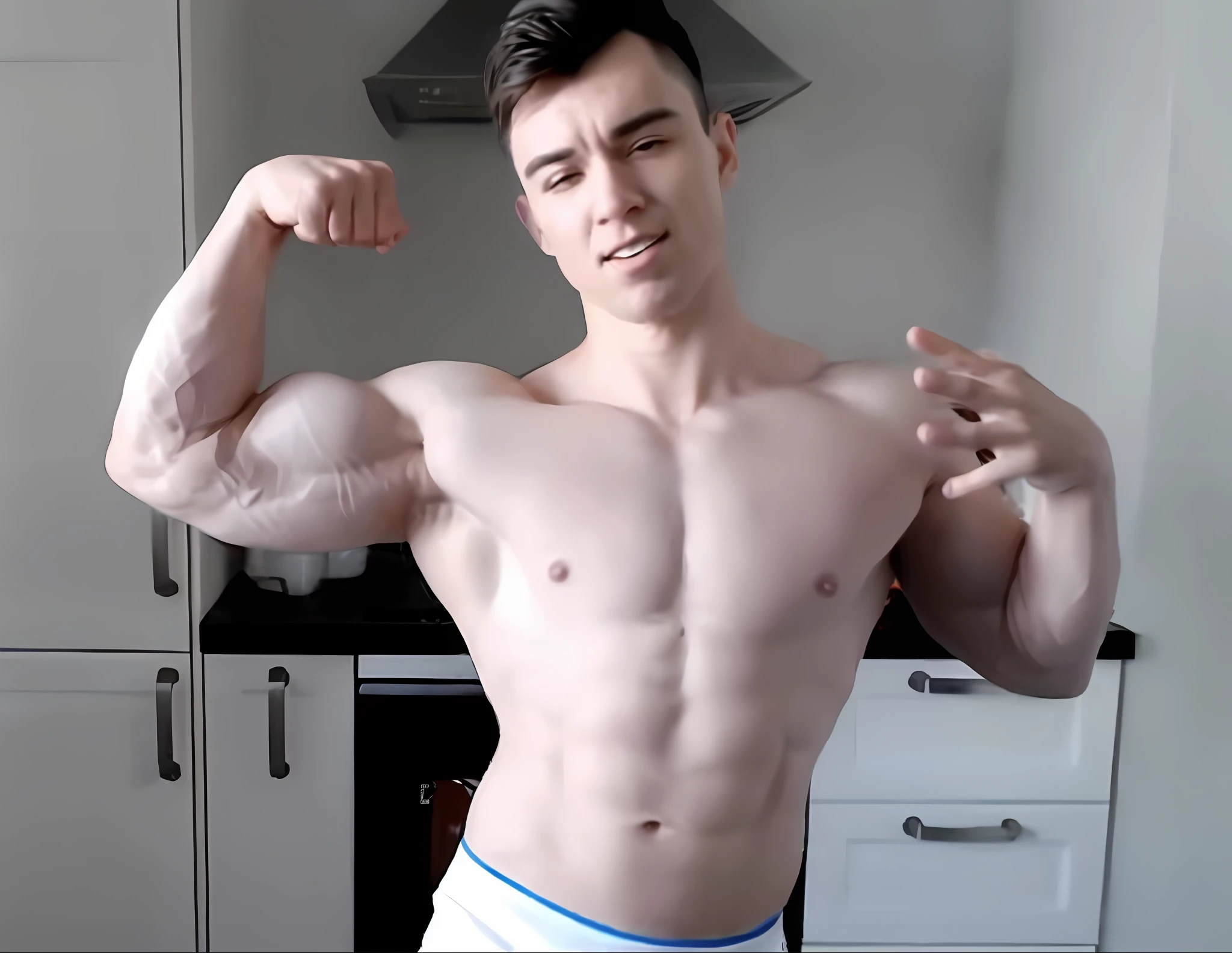 a man flexing his muscles in a kitchen with a stove in the background, flexing large muscles, posing and flexing, showing off biceps, absurdly muscular physique, flexing, extremely muscular, big muscles, lean but muscular, exaggerated muscle physique, showing off his muscles, big wide broad strong physique |, very beautiful. big muscles, ripped, large muscles