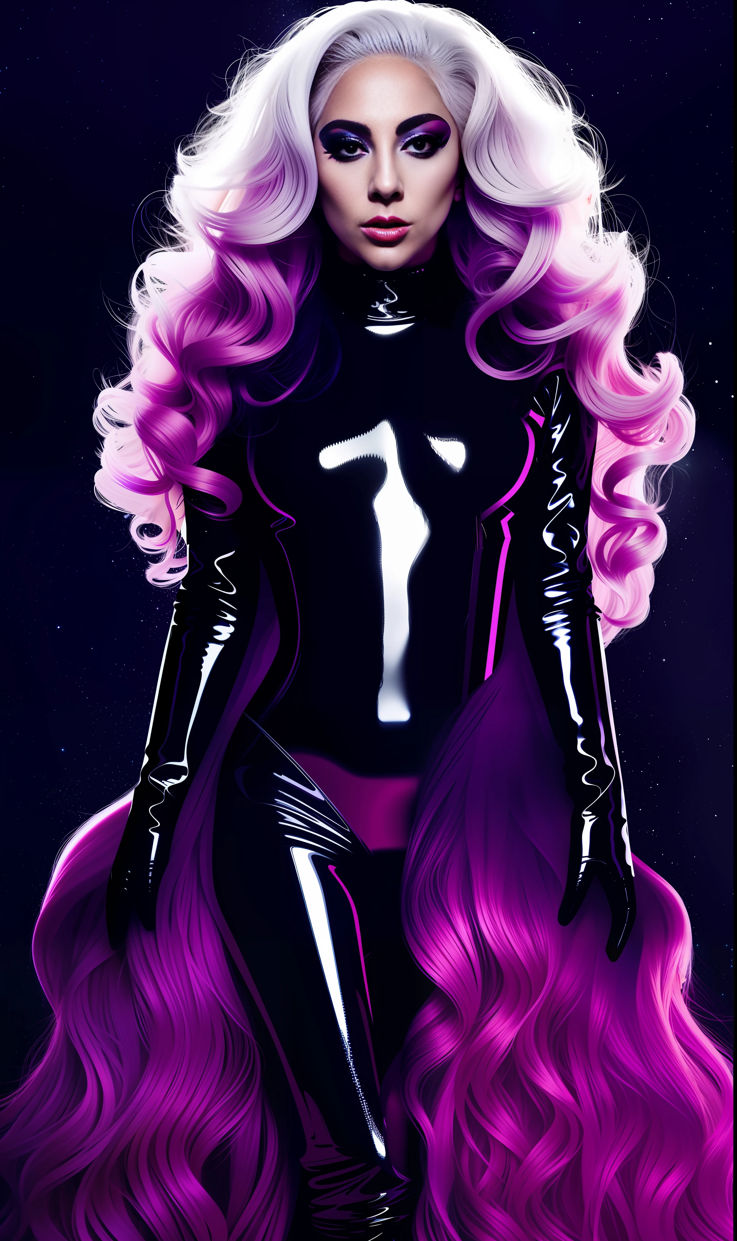 Lady gaga photo, 4K texture, long hair, high quality, futuristic background, extravagant hairstyle, dark album cover