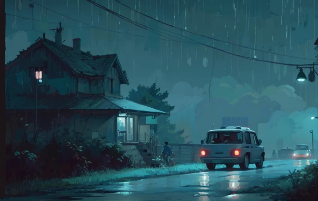 Close-up of people walking on the road at night, inspired by Simon Stålenhag, lofi artstyle, simon stälenhag, style of simon stalenhag, inspired by Simon Stalenhag, lo-fi illustration style, simon stålenhag color scheme, art by alena aenami, Simon Stalenhag Len Hage. The art of math