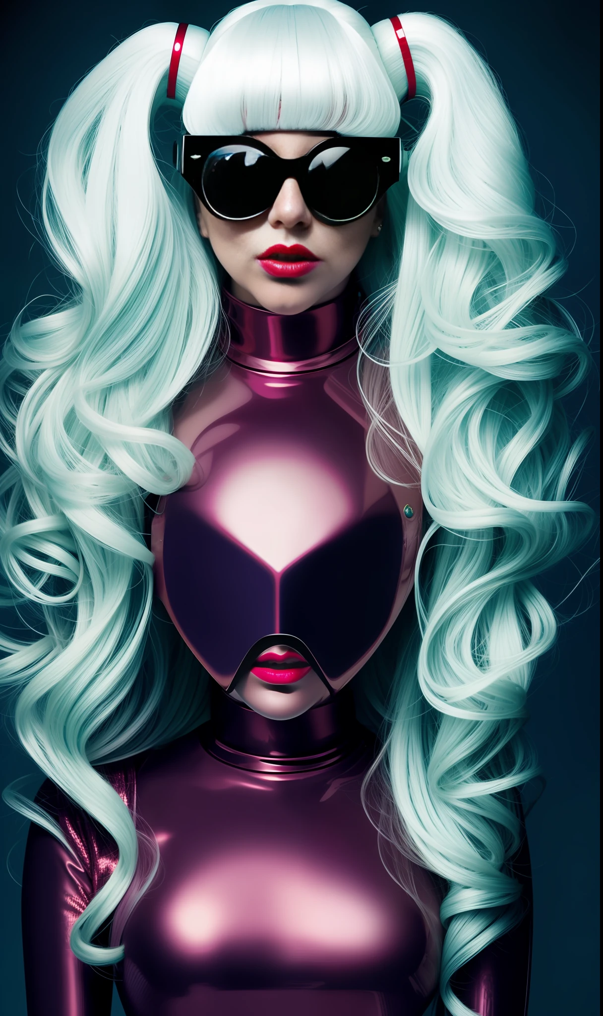 Photo of lady gaga as a robot, 4K texture, long hair, high quality, unique makeup, original hairstyle, extravagant glasses