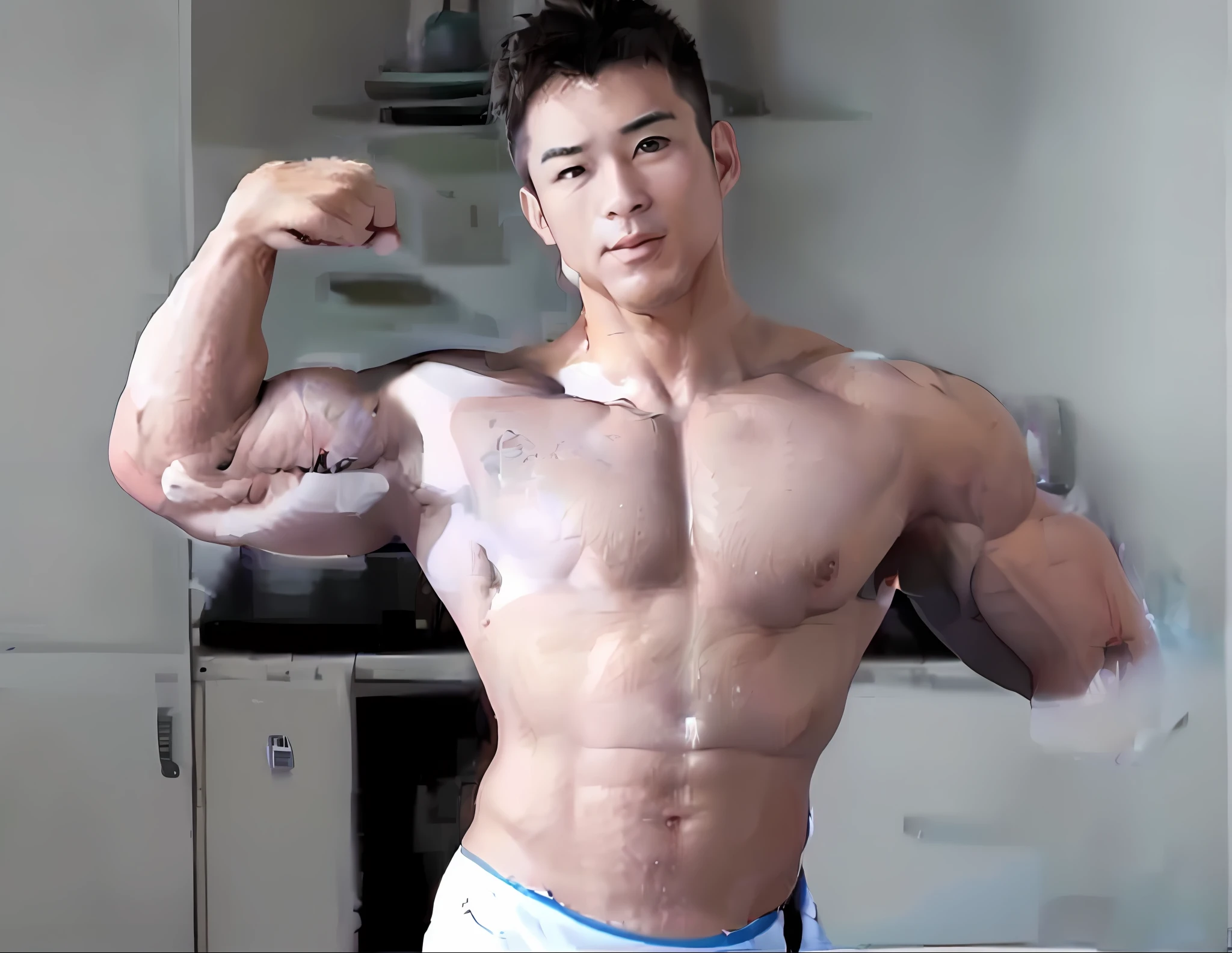 a man flexing his muscles in a kitchen with a stove in the background, flexing large muscles, posing and flexing, showing off biceps, absurdly muscular physique, flexing, extremely muscular, big muscles, lean but muscular, exaggerated muscle physique, showing off his muscles, big wide broad strong physique |, very beautiful. big muscles, ripped, large muscles