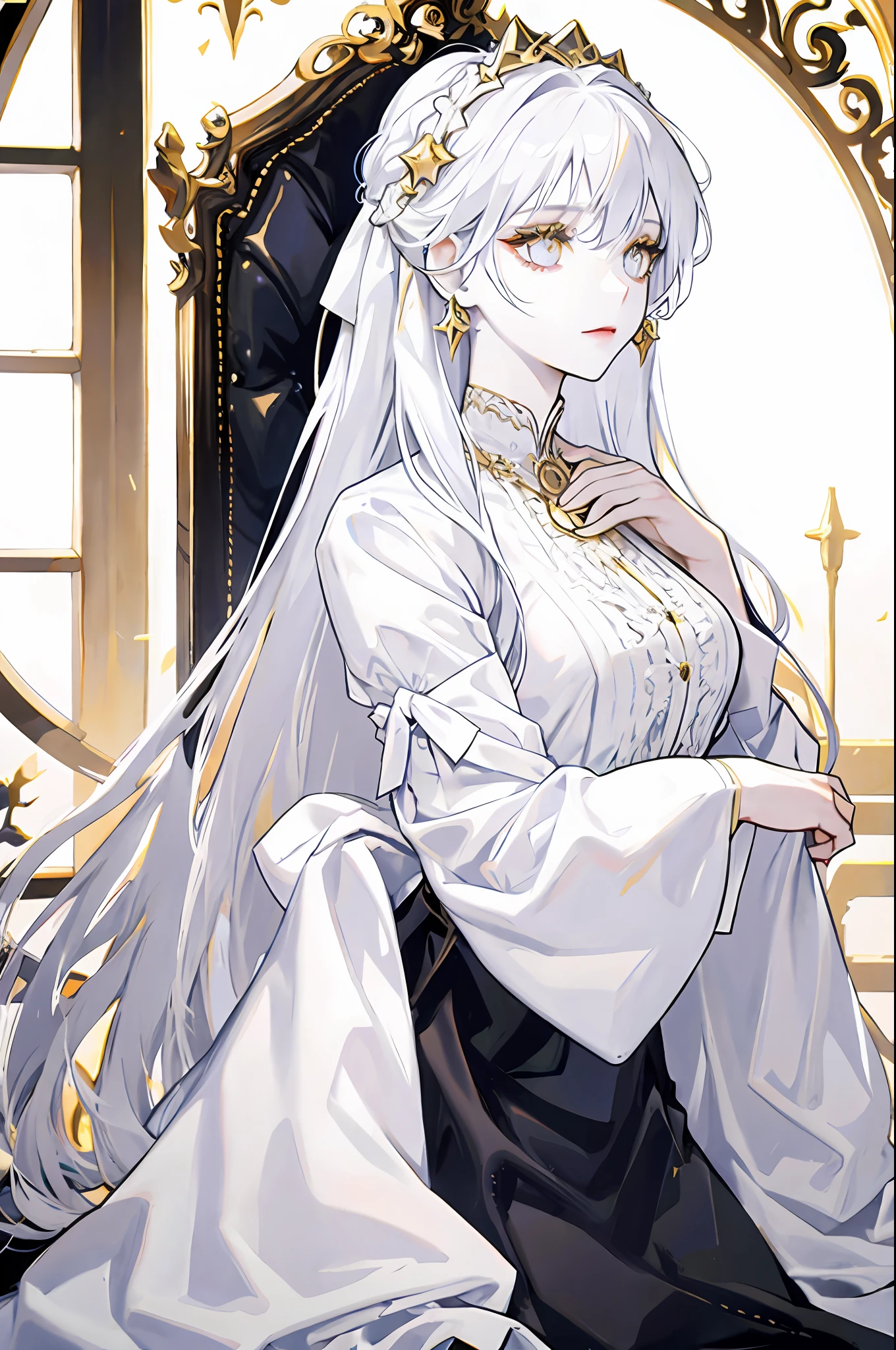 White haired woman, golden eyes, white victorian dress, white skin, elegant, royalty, young woman, alone, mature, beautiful