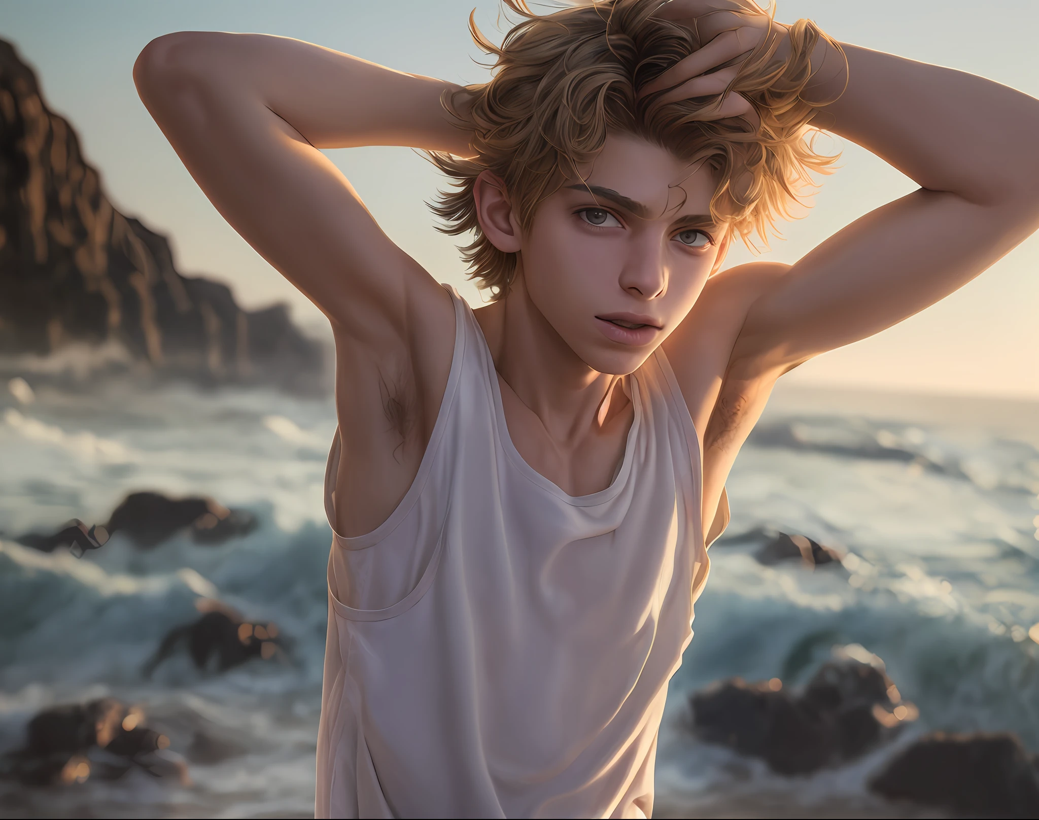 Avi Angel, dreamy teen boy, jace norman, brown short medium wavy hair, tiktok hair, detailed hair, skinny teen boy with defined lean body, standing on a rock, far from camera, shot from below, lower angle shot, whole body visible in camera, braces, age 15, 15 years old, bare feet, wearing long sleeveless t-shirt with dropped armhole, hands behind head, arms behind head, wispy detailed armpit hair showing closeup, sticky armpit hair, armpit hair, teen boy, braces, best quality, Amazing anatomy, attractive teen boy, lean body, hot teen boy