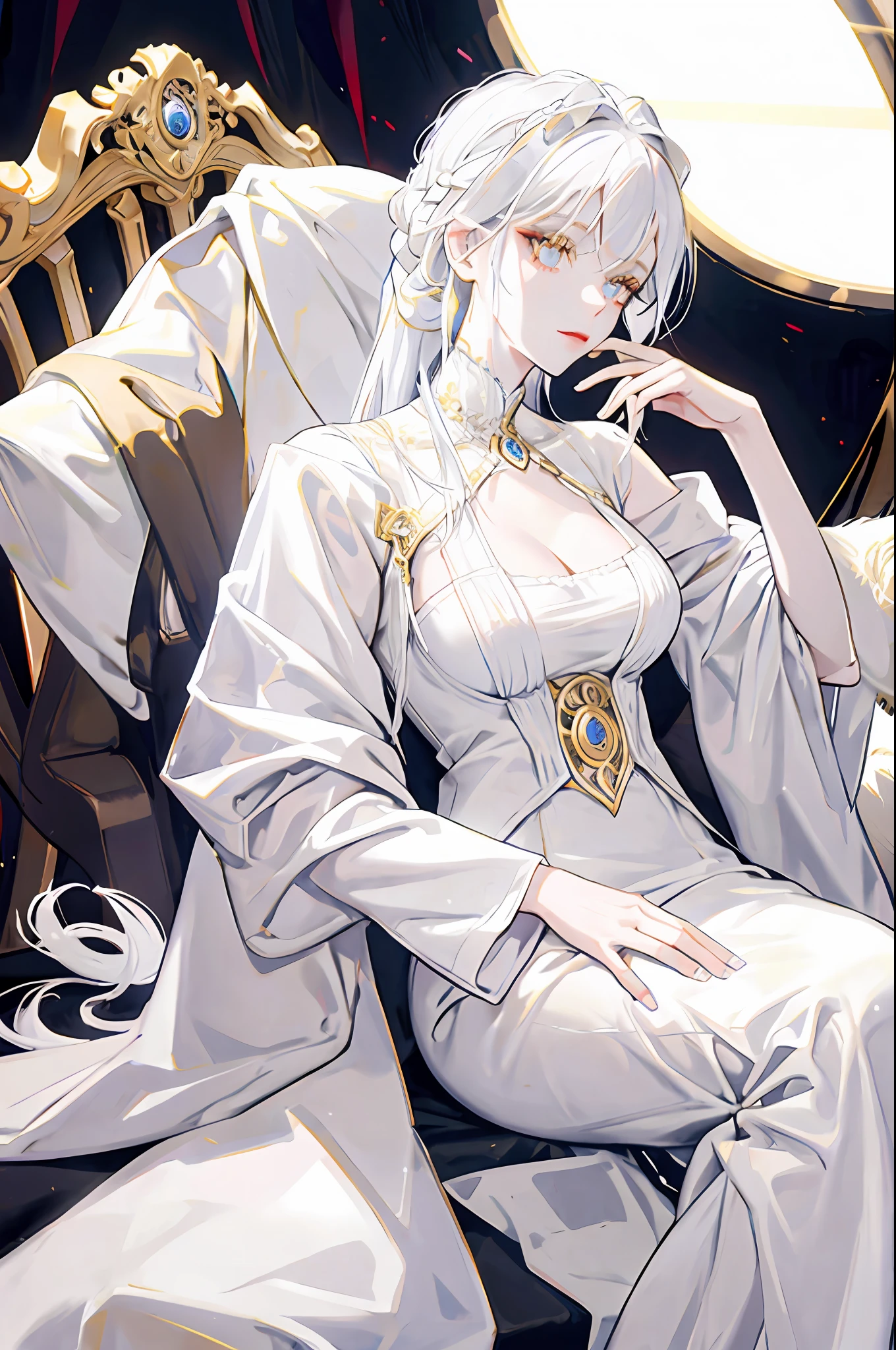 White haired woman, golden eyes, white victorian dress, white skin, elegant, royalty, young woman, alone, mature, beautiful