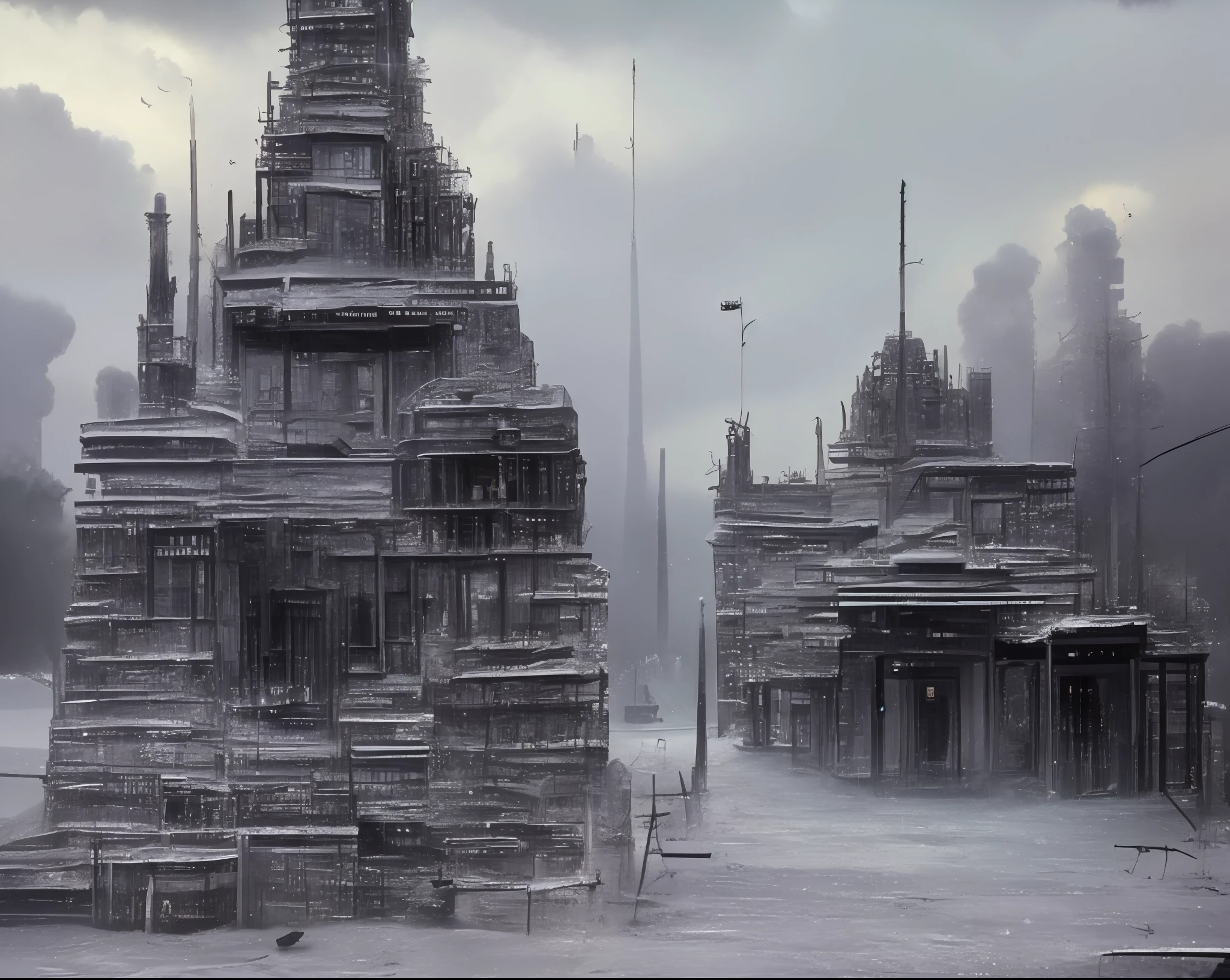 A dead black castle covered in frost