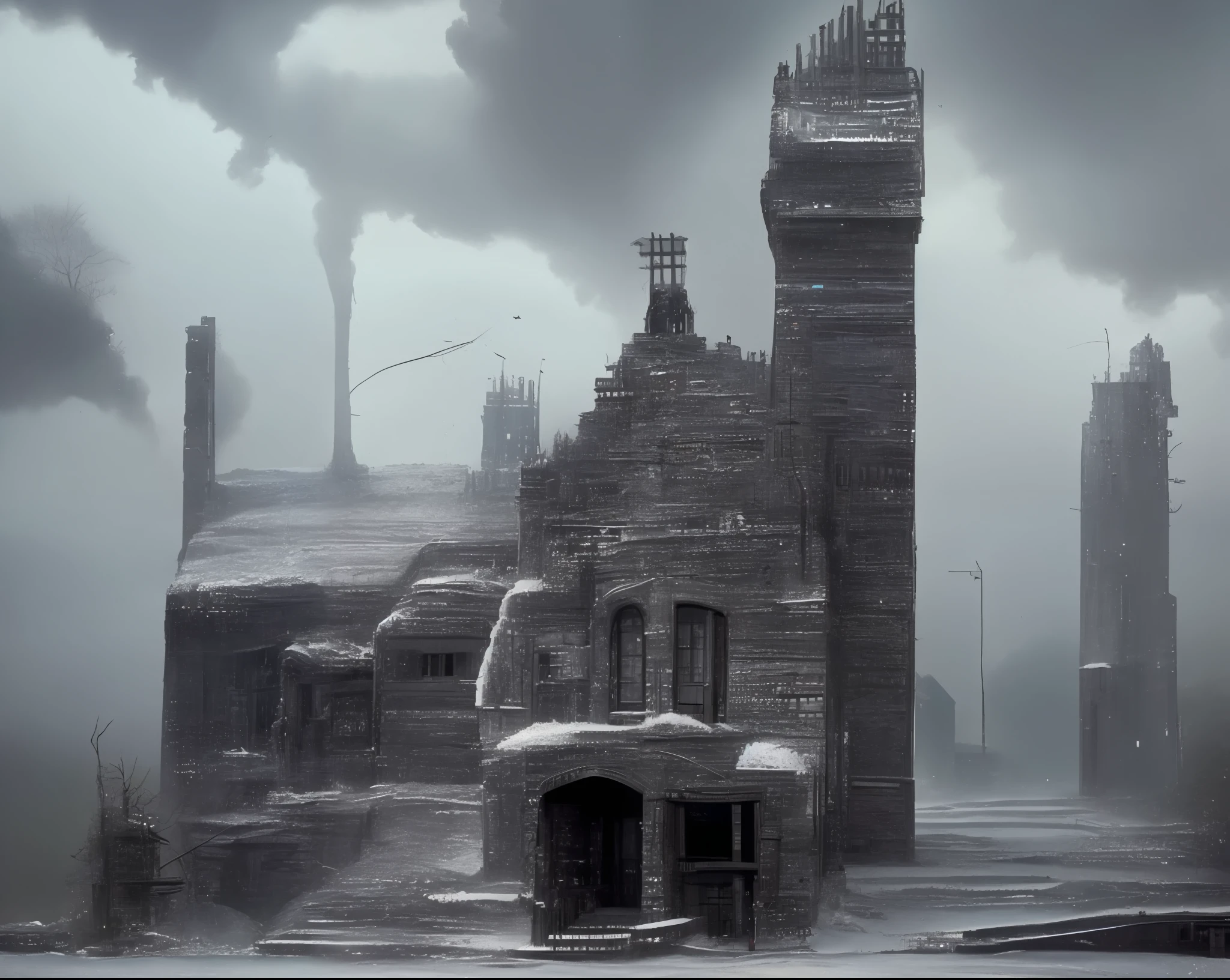 A dead black castle covered in frost