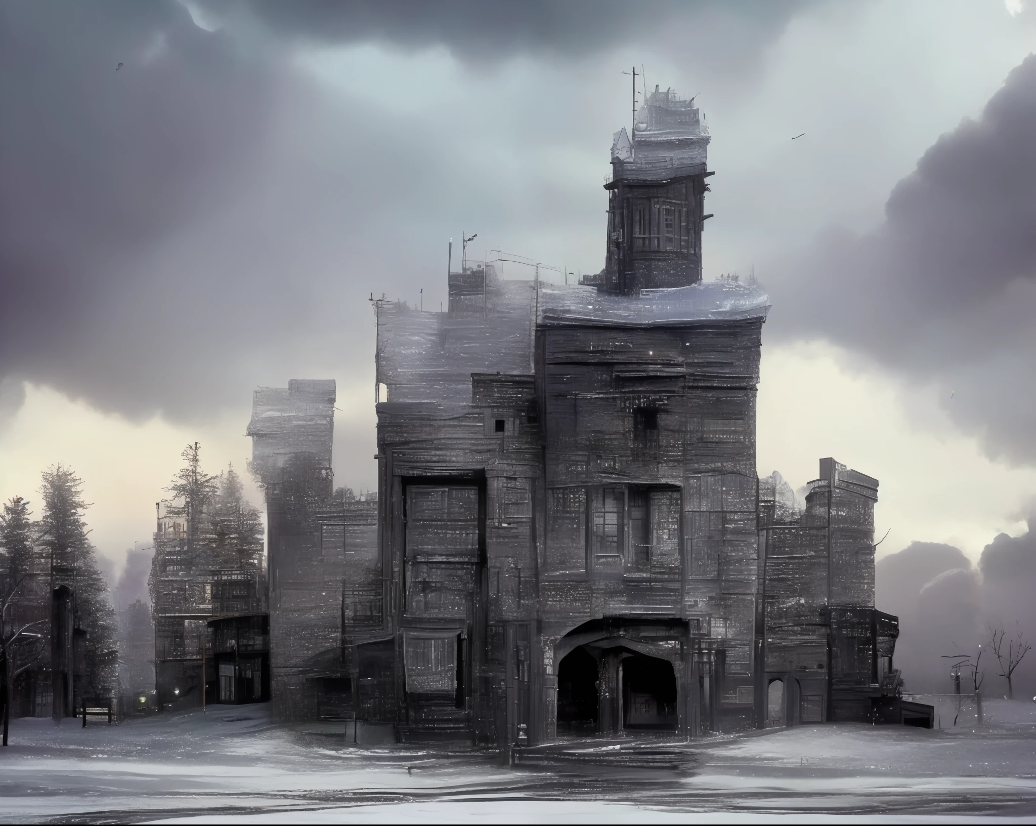 A dead black castle covered in frost