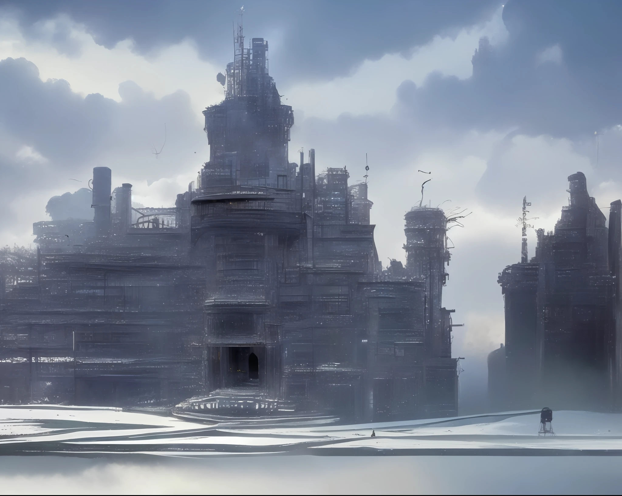 A dead black castle covered in frost