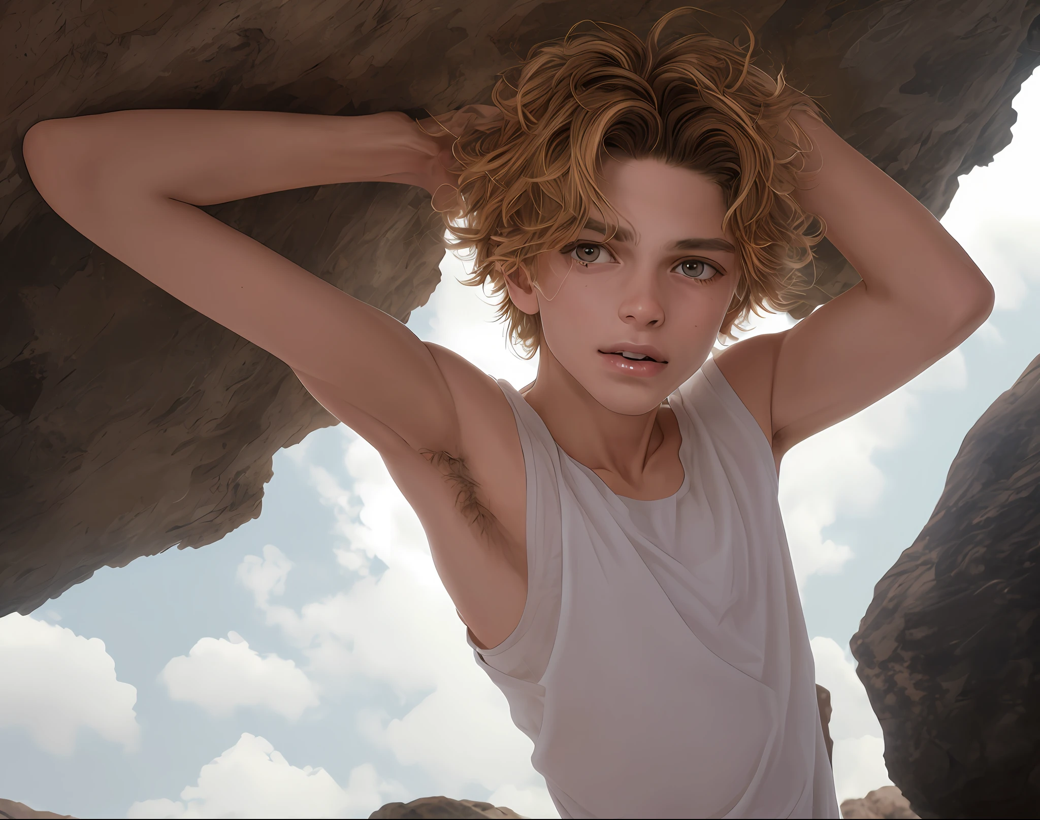 Avi Angel, dreamy teen boy, jace norman, brown short medium wavy hair, tiktok hair, detailed hair, skinny teen boy with defined lean body, standing on a rock, far from camera, shot from below, lower angle shot, whole body visible in camera, braces, age 15, 15 years old, bare feet, wearing long sleeveless t-shirt with dropped armhole, hands behind head, arms behind head, wispy detailed armpit hair showing closeup, sticky armpit hair, armpit hair, teen boy, braces, best quality, Amazing anatomy, attractive teen boy, lean body, hot teen boy