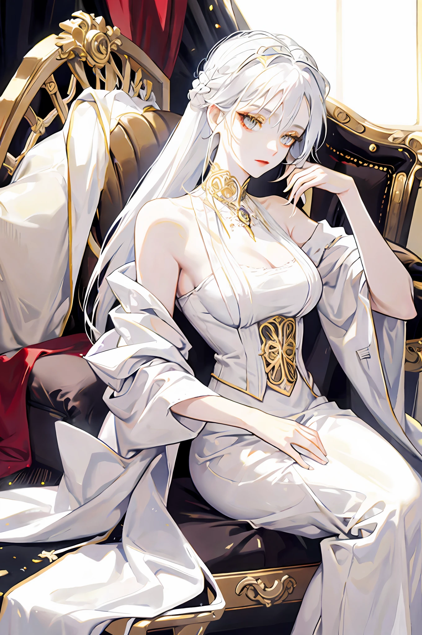 White haired woman, golden eyes, white victorian dress, white skin, elegant, royalty, young woman, alone, mature, beautiful