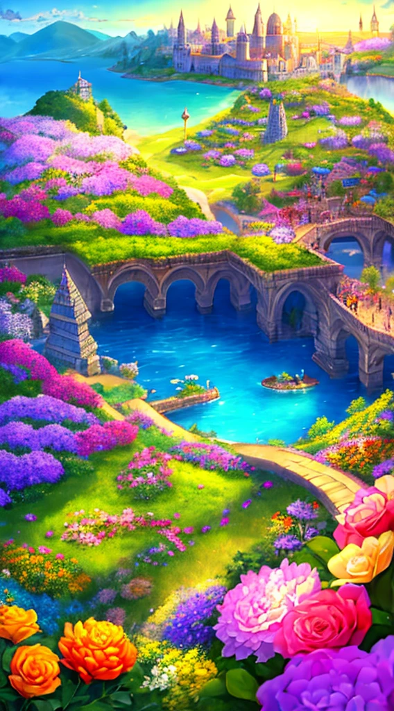 Medieval kingdom. sunny morning. 8k resolution. The ratio is 3:2. Very high drawing skills. Aerial View. Very stunning views. Colorful flowers, amazing lighting effects. Thick medieval fantasy illustration. Very large area.