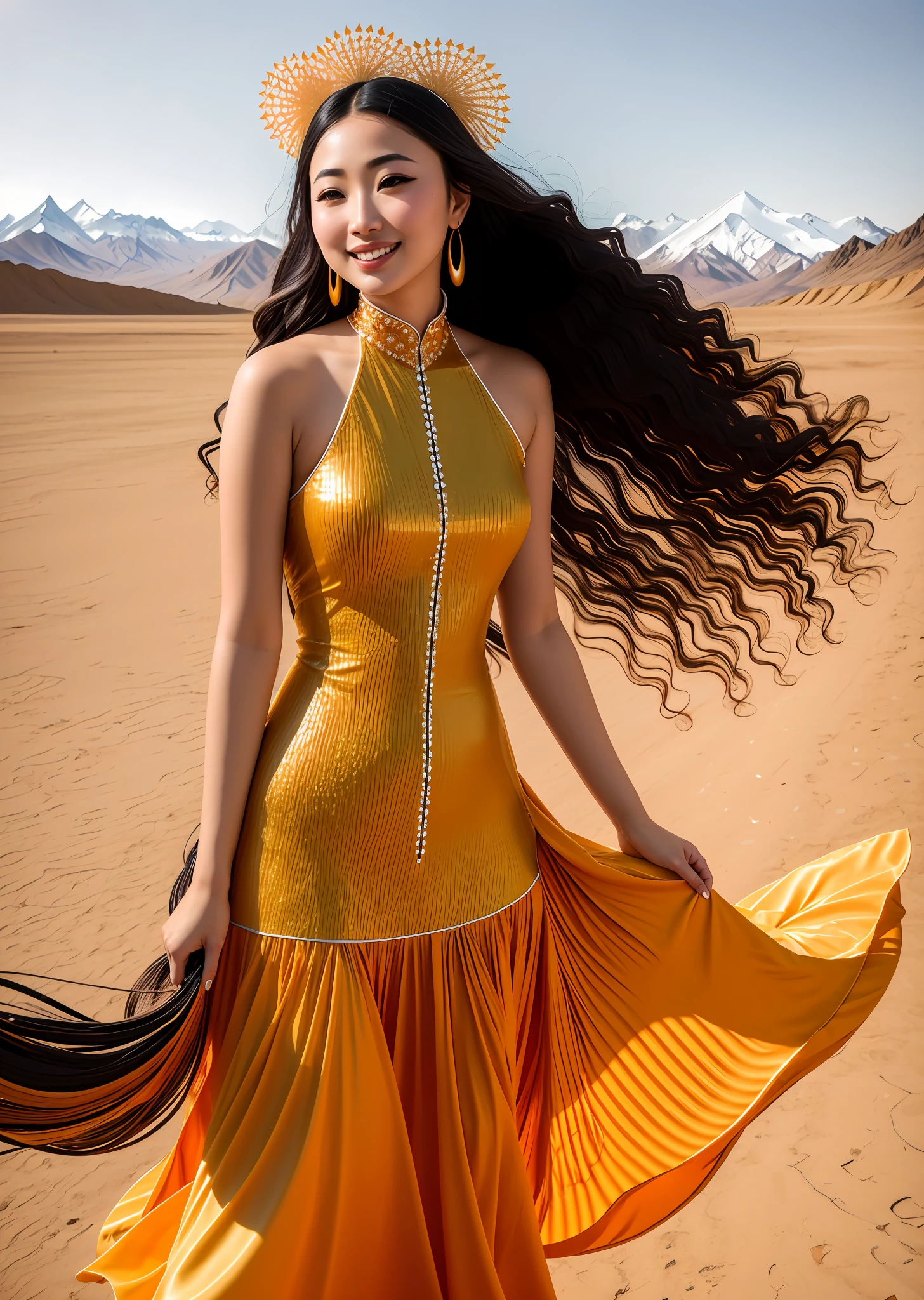 Fashion model photography, cantaloupe melon skin layered to form a dress, surreal design, medium shot, Xinjiang girl, long hair, hair accessories, delicate skin, smiling, the background is Xinjiang Flame Mountain, high texture, natural light