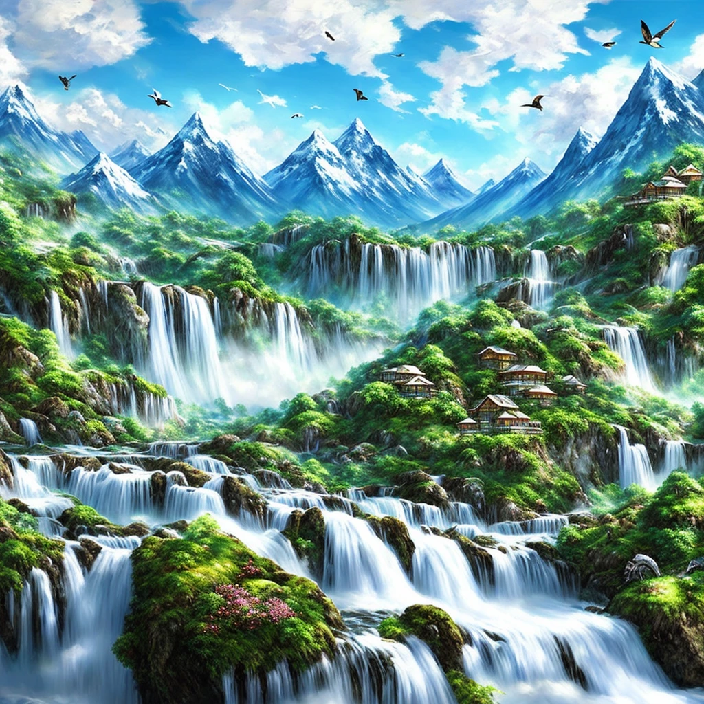 (Realistic landscape painting) + (blue sky) + (white clouds) + (mountain) + (water) + (waterfall) + (vegetation) + (birds) + (beautiful) + (healing) + (extreme details) + (high quality )+(8k art wallpaper), just like being in nature, with soft light and extreme plant details, warm and beautiful, bringing people a healing sensory enjoyment.