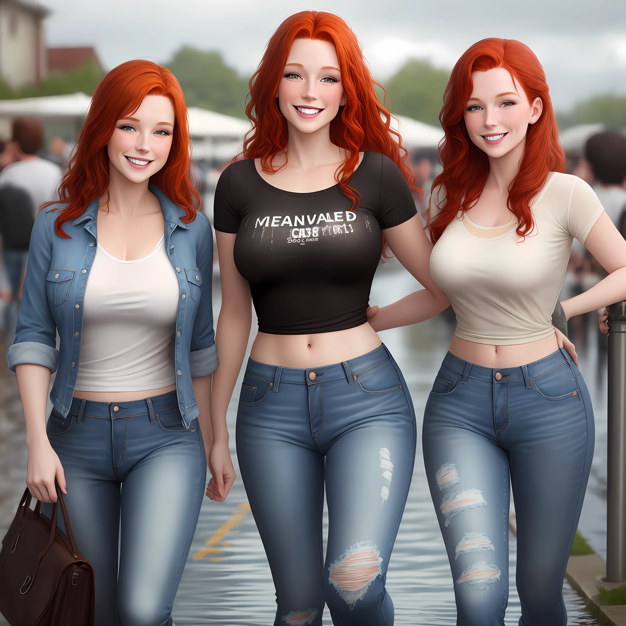 redhead woman smiling, wearing soaking wet jeans