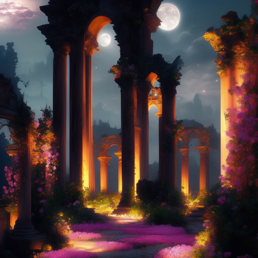 A painting of a garden with flowers and ruins at night, full moon in the sky, chaingirldark style super detailed, trending on artstation, concept art, unreal engine, octane rendering