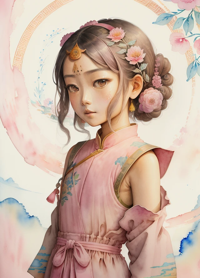 (masterpiece),(best quality:1.1),(ultra-detailed),best illustration,finely detail,(watercolor drawings:1.4),(hand-painted:1.3),light colors,low contras,bust body,(Portrait),(extremely close-up),(A girl is palying the chinese lute:1.1),little girl,(9 years old:1.2),extremely cute,(with a scorpion on her shoulder:1.0),(wearing pink Dunhuang mural style dress:1.3),Fluttering ribbons encircle her,big grey detailed eyes,looking at viewer,slightly open lips,brown hair,(inely detailed beautiful face),(Watercolor brush hair),flat chest,Dreamy colors,Dunhuang mural paintings on the background,(detailed background:1.2),(colored background:1.0), High Resolution,(神奇的幻想),(梦幻般的艺术:1.1),flying apsaras in dunhuang murals