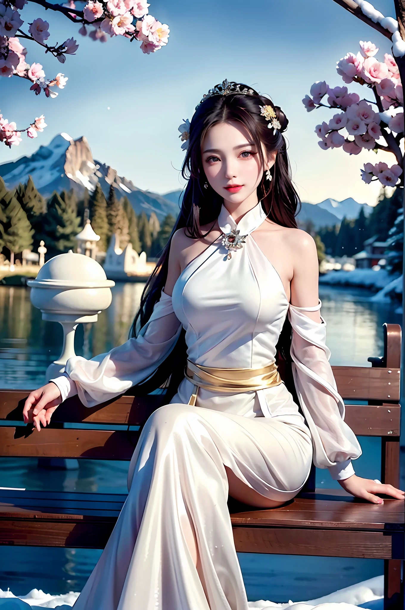 A beautiful and charming woman, leaning alone on a bench, under the light of the fire, her complexion is crystal clear like jade, like a crescent moon, like flowers and trees piled up with snow. When it is tactful, it is glamorous.