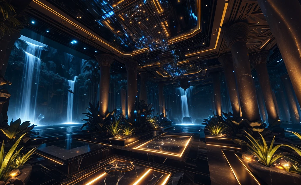 incredible black luxurious futuristic interior in Ancient Egyptian style with many ((lush plants)) (lotus flowers), ((palm trees)), rocky walls, (sand), ((waterfalls)) (marble), ((precious minerals)), ((metals)), (gemstones), crystals, clouds and (water), (hieroglyphics), ((trees and plants made out of gemstones and precious minerals, gemstones and lights)), (((ultra luxury))), (black marble) – with ((beautiful lights)), Unreal Engine, HQ, 16k
