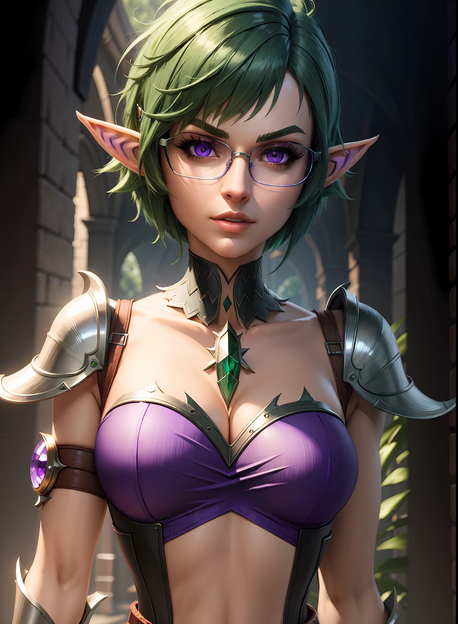 (((Masterpiece))), best quality, ultra-detailed CG unity 8k wallpaper, focused on face, girl, purple eyes, short green pixiecut hair, glasses, elf ears