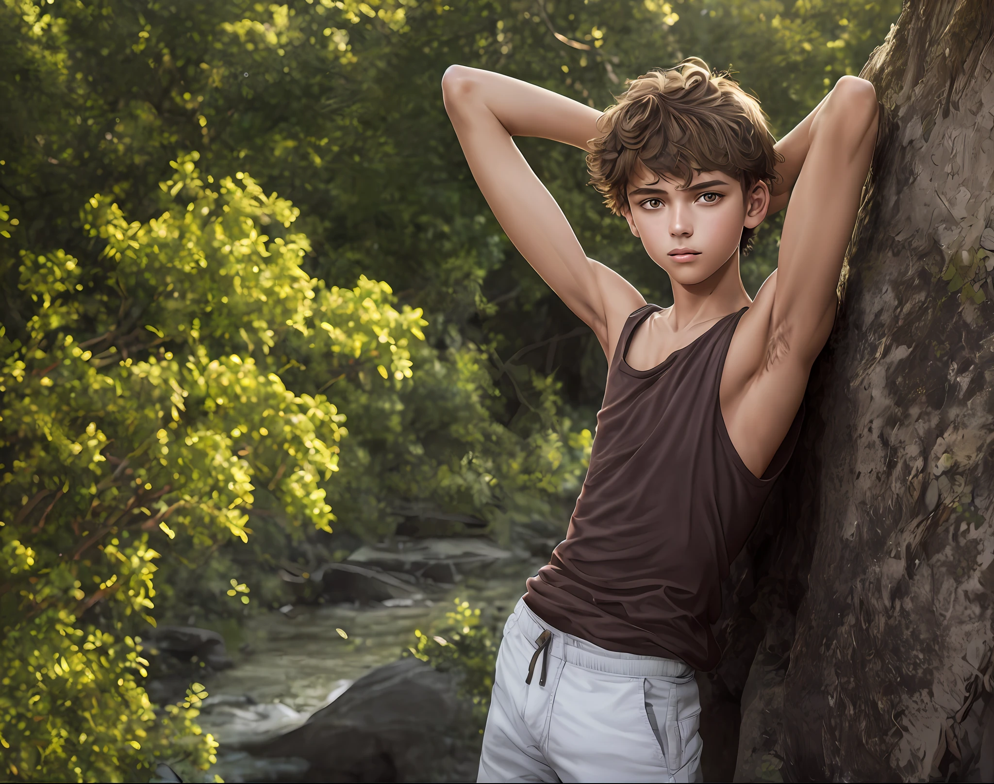 peter pan  boy, dreamy teen, dreamy, majestic, brown short medium wavy hair, tiktok hair, detailed hair, skinny teen boyh defined lean body, standing on a rock, far from camera, shot from below, lower angle shot, whole body visible in camera, braces, age 15, 15 years old wearing long sleeveless t-shirt with dropped armhole, hands behind head, arms behind head, wispy detailed armpit hair showing closeup, sticky armpit hair, armpit hair, teen boy, braces, best qty, Amazing anatomy, attractive teen boy, lean body, hot teey