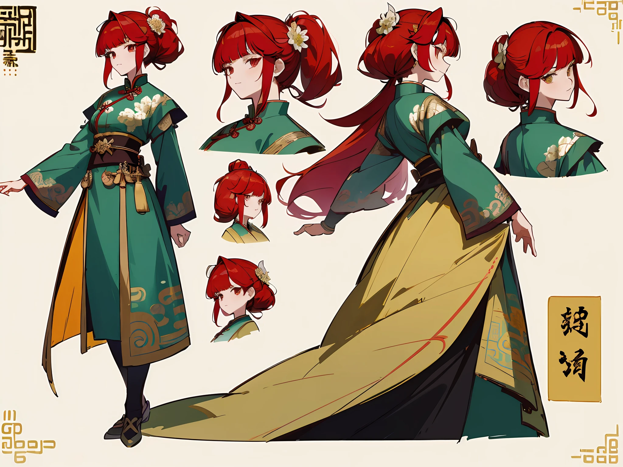 ((masterpiece)),(((best quality))),((character design sheet, same character, front, side, back)), illustration, 1 girl, red hair, hairpin, flowers embroidered with gold edges, bangs, hairstyle fax, eyes, environment Scene change, hairstyle fax, pose, female, ancient Chinese princess, charturnbetalora, (simple background, white background: 1.3)