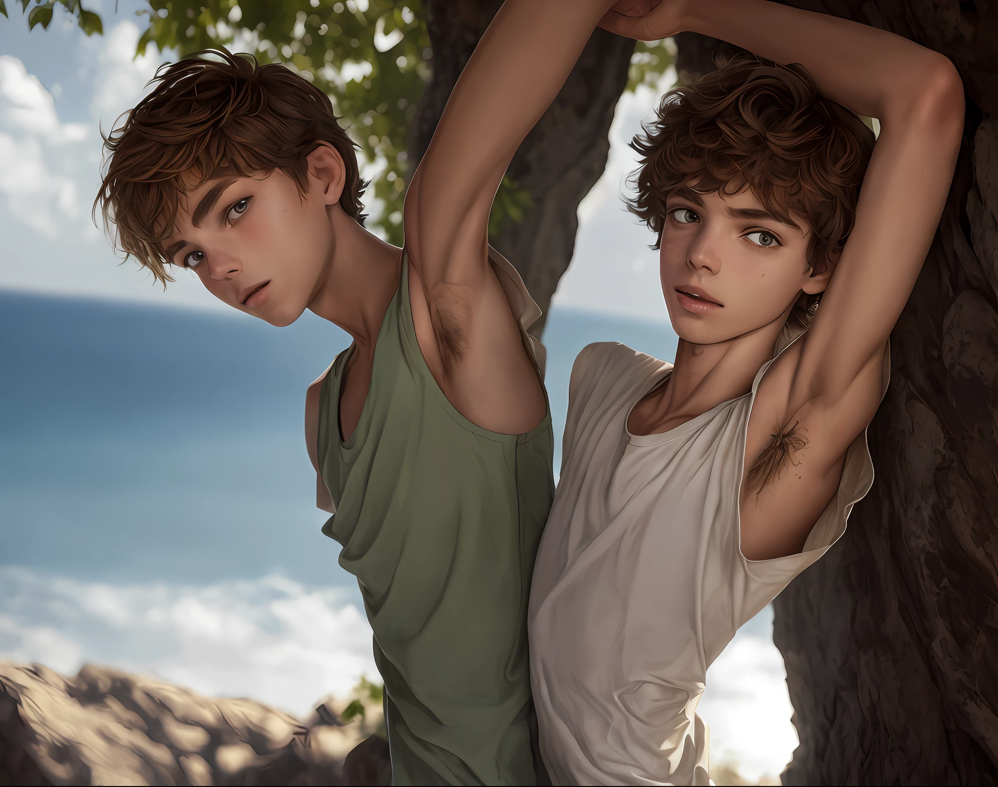 peter pan teen boy, dreamy teen boy, dreamy, majestic, brown short medium wavy hair, tiktok hair, detailed hair, skinny teen boy with defined lean body, standing on a rock, far from camera, shot from below, lower angle shot, whole body visible in camera, braces, age 15, 15 years old, bare feet, wearing long sleeveless t-shirt with dropped armhole, hands behind head, arms behind head, wispy detailed armpit hair showing closeup, sticky armpit hair, armpit hair, teen boy, braces, best quality, Amazing anatomy, attractive teen boy, lean body, hot teen boy