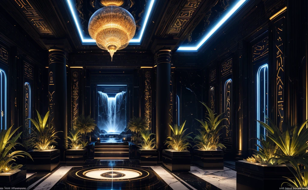 incredible black luxurious futuristic interior in Ancient Egyptian style with many ((lush plants)) (lotus flowers), ((palm trees)), rocky walls, (sand), ((waterfalls)) (marble), ((precious minerals)), ((metals)), (gemstones), crystals, clouds and (water), (hieroglyphics), ((trees and plants made out of gemstones and precious minerals, gemstones and lights)), (((ultra luxury))), (black marble) – with ((beautiful lights)), Unreal Engine, HQ, 16k