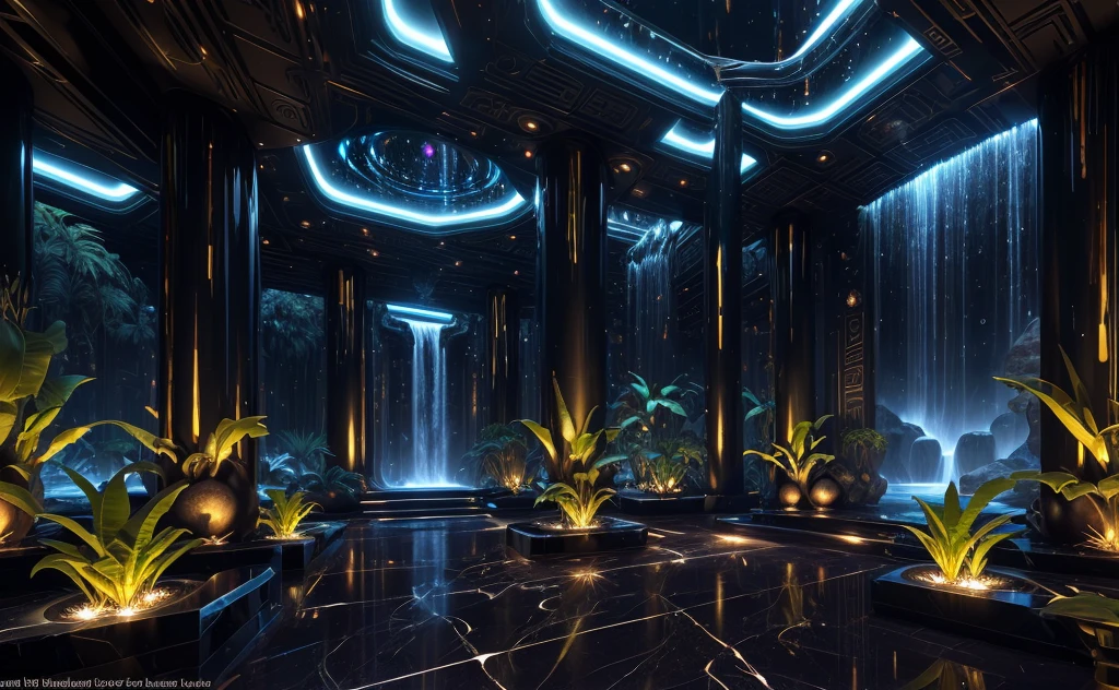incredible black luxurious futuristic interior in Ancient Egyptian style with many ((lush plants)) (lotus flowers), ((palm trees)), rocky walls, (sand), ((waterfalls)) (marble), ((precious minerals)), ((metals)), (gemstones), crystals, clouds and (water), (hieroglyphics), ((trees and plants made out of gemstones and precious minerals, gemstones and lights)), (((ultra luxury))), (black marble) – with ((beautiful lights)), Unreal Engine, HQ, 16k