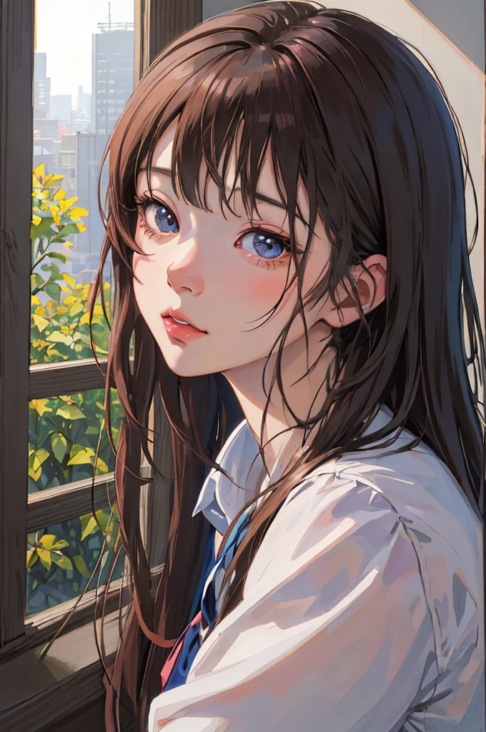 anime girl looking out of window with city in background, beautiful anime portrait, detailed portrait of anime girl, portrait anime girl, cute anime girl portraits, cute anime girl portrait, kawaii realistic portrait, anime style portrait, realistic anime artstyle, anime girl portrait, ilya kuvshinov with long hair, portrait of an anime girl, beautiful anime girl, realistic anime art style