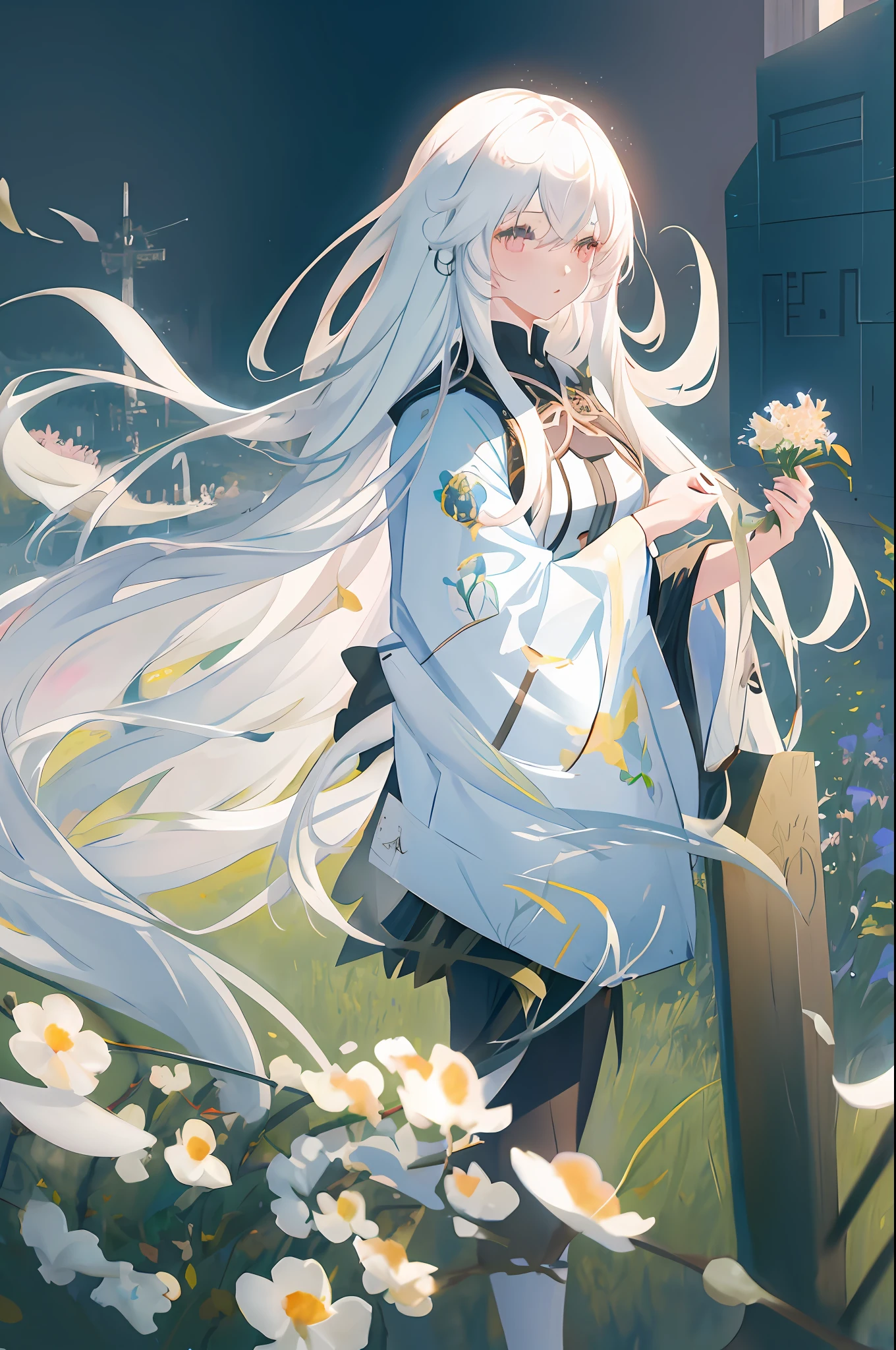 anime girl with long white hair standing in a field of flowers, guweiz on pixiv artstation, anime art wallpaper 4 k, anime art wallpaper 4k, anime art wallpaper 8 k, guweiz on artstation pixiv, soft anime illustration, zerochan art, digital art on pixiv, girl with white hair, anime wallpaper 4 k