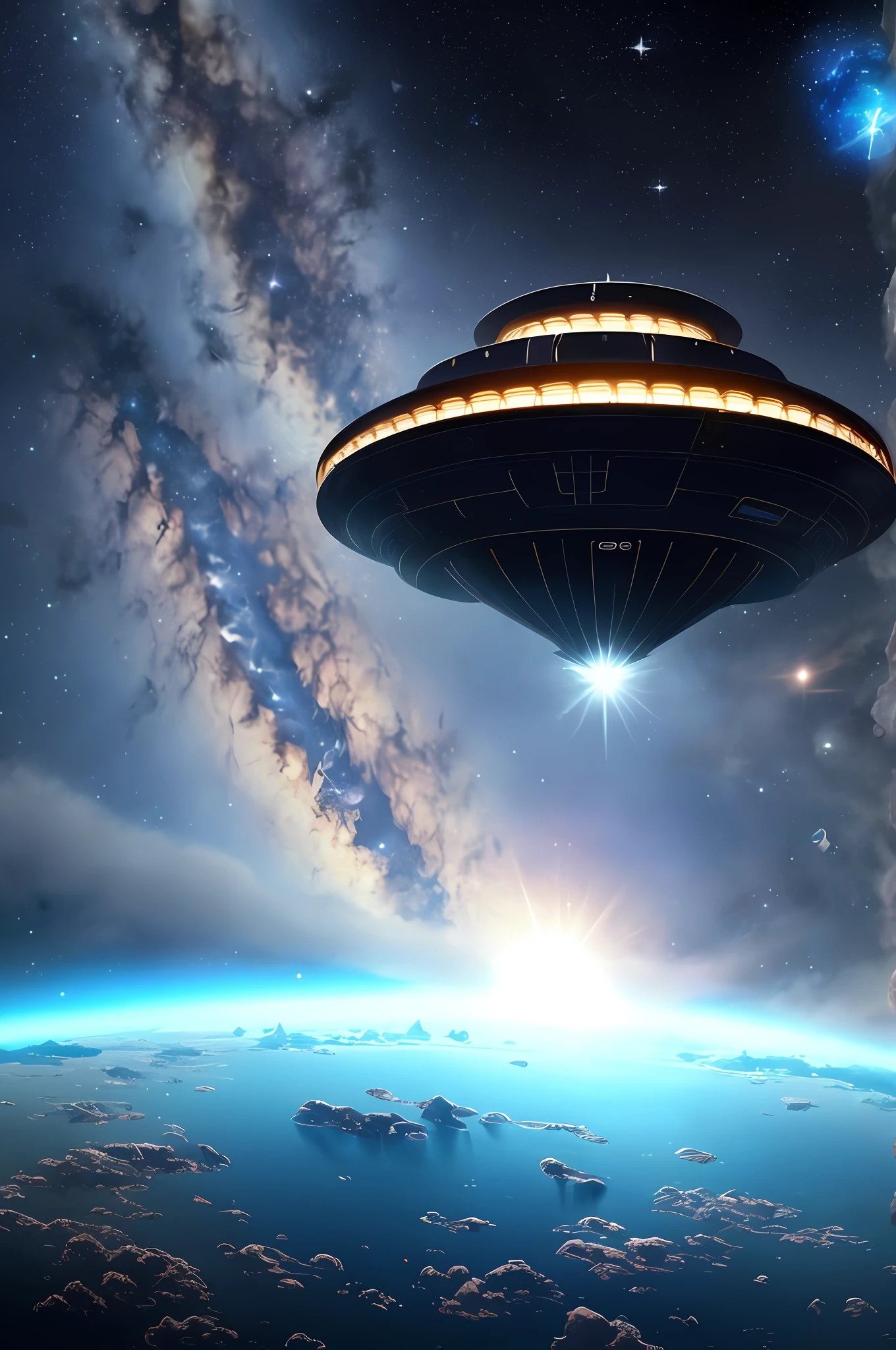 Epic composition, intricate detail, fine detail, ultra detail, ray tracing, subsurface scattering, diffuse soft light, best quality, masterpiece, best quality, super high resolution, night, a ship universe The spaceship sails slowly in the boundless universe. The streamlined design of the spaceship exudes a sense of exquisite technology. Around the spacecraft, the endless universe passes by, and the nebula is intertwined, hiding the calm steps and brilliant light of the stars. The spaceship passed through huge planets one after another. Their surfaces were densely covered with tall peaks and bottomless canyons. Thick fog filled their atmospheres, making the spaceship seem to have traveled to another mysterious world. The sun just rose from the back of the spaceship, and the intense dazzling light illuminated the invisible universe, and the protective cover of the spaceship had a slight metallic luster. A deep, dark space.