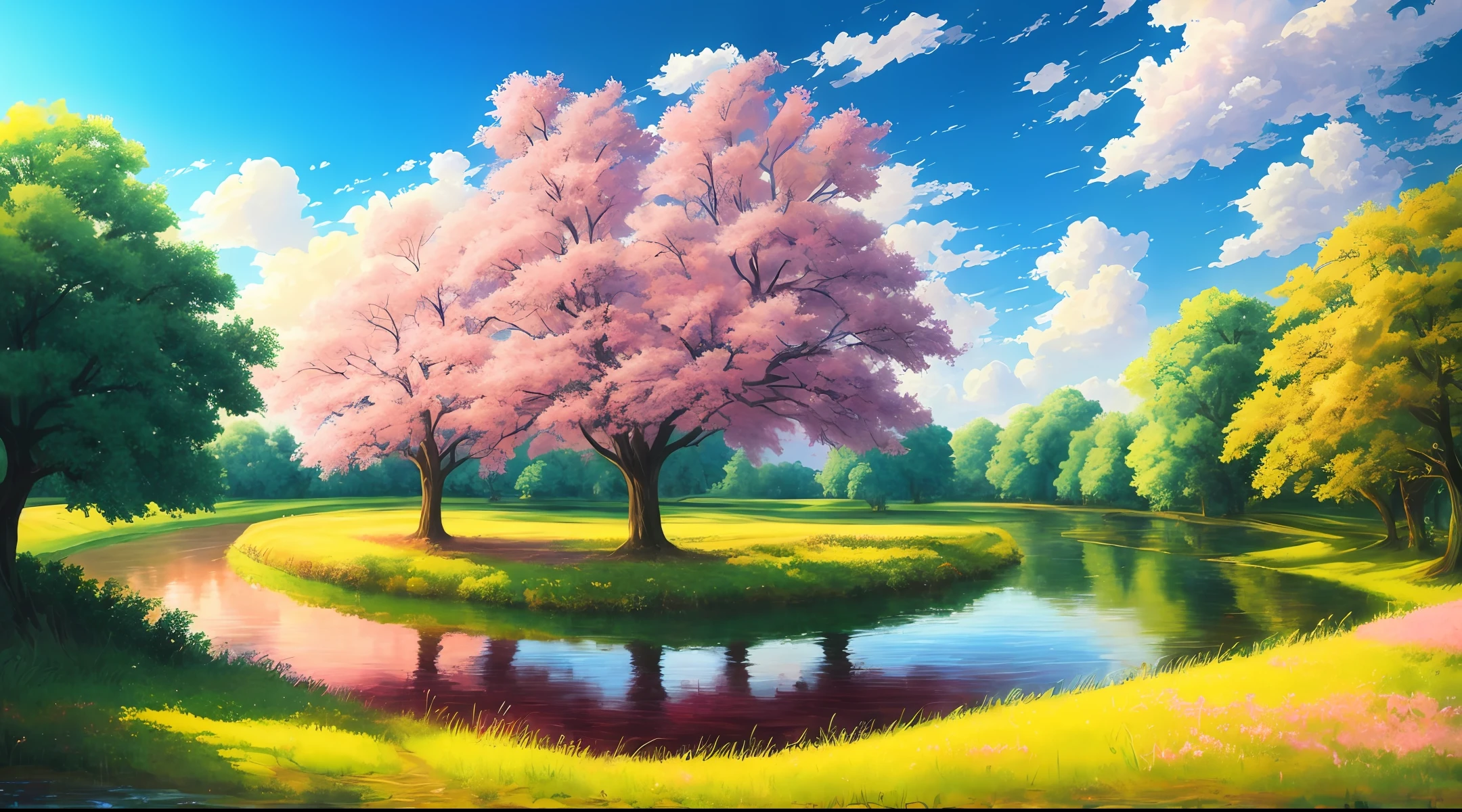 there is a painting of a tree in a field with a river, a digital painting by Kentaro Miura, trending on cg society, conceptual art, fluffy pink anime clouds, anime background, anime beautiful peace scene, beautifull puffy clouds. anime, anime nature, beautiful anime scene, beautiful anime scenery, anime landscape wallpaper, anime background art, anime wallpaper 4 k