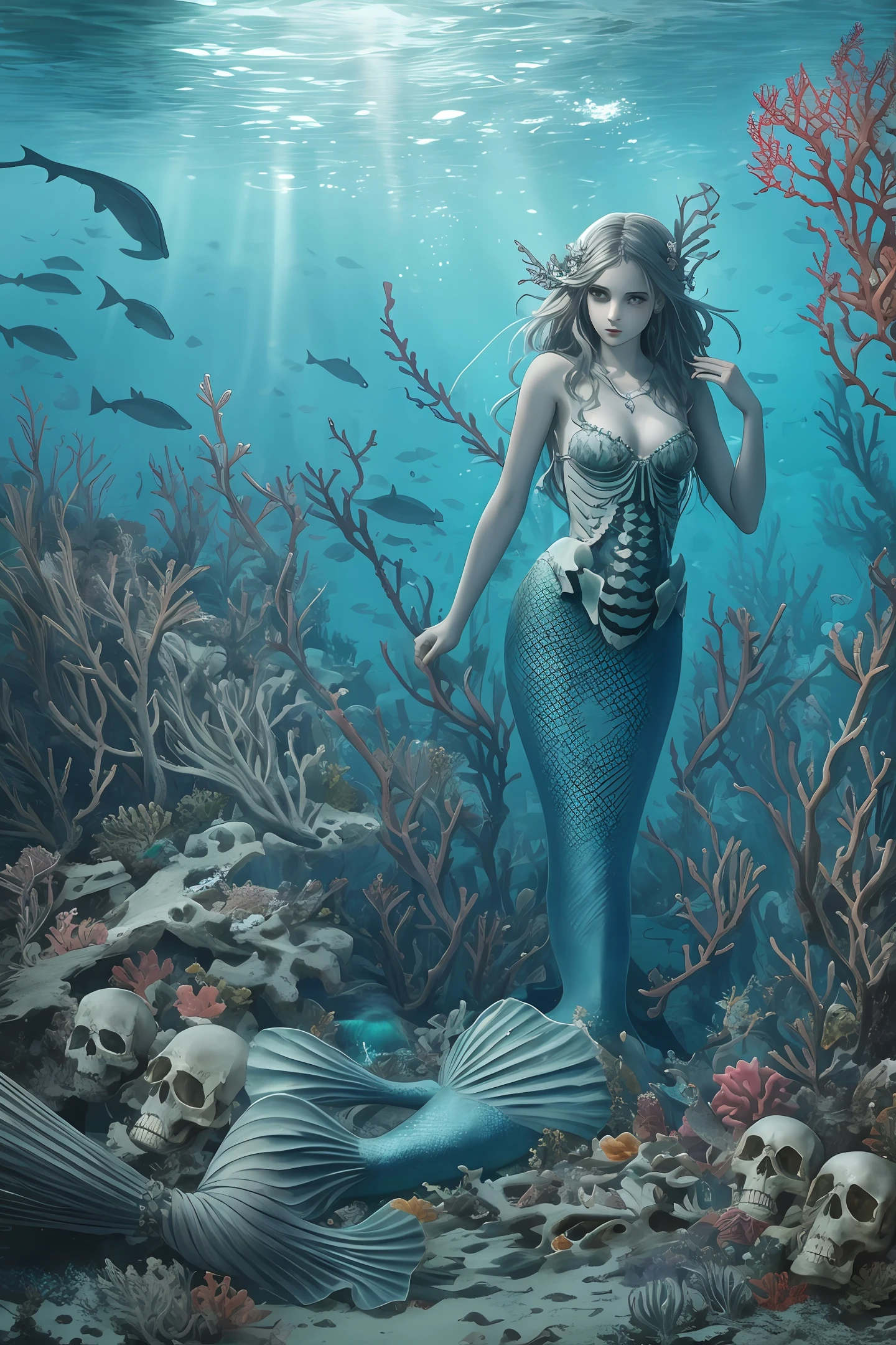 1girl, underwater, skeleton,corpse,Beneath the sea, where tendrils of coral and vines abound, a (mermaid) girl stares at you from amidst a pile of bones and skulls, masterpiece, extremely detailed CG unity 8k, art by midjourney -variation - --v 6