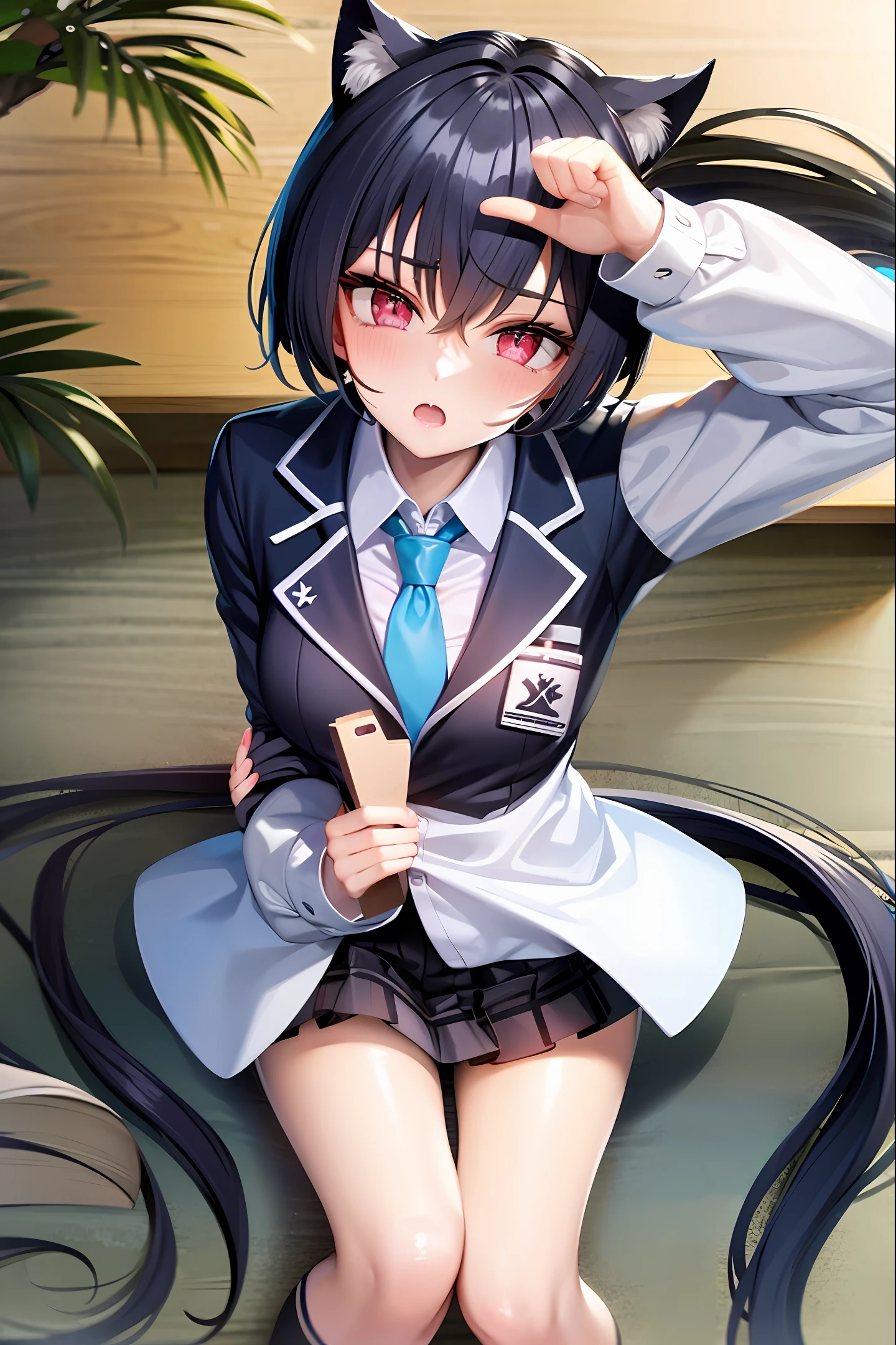 High school girl in school uniform, long black hair, pinched eyes, long eyelashes, good style and large breasts,